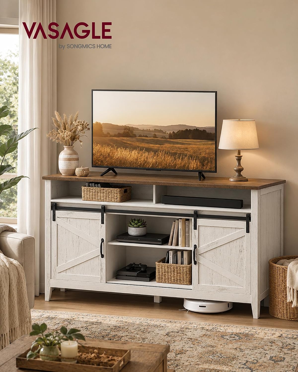VASAGLE Tall Farmhouse TV Stand, Entertainment Center with Door for 65'' TV Rustic White + Honey Brown