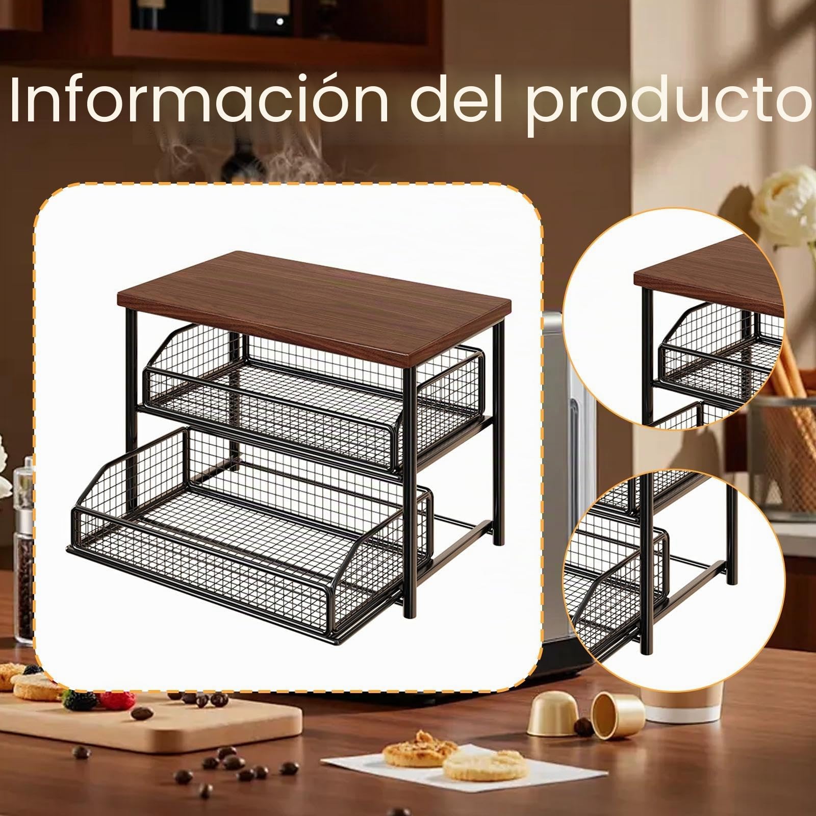 Sharplace Organizador de Cafetera Estante de Barra de Café para Encimera, Soporte para Tazas y Accesorios Cocina de 2 Pisos Madera Hierro Cajón Extraíble Adecuado para Uso Doméstico Oficina, Negro