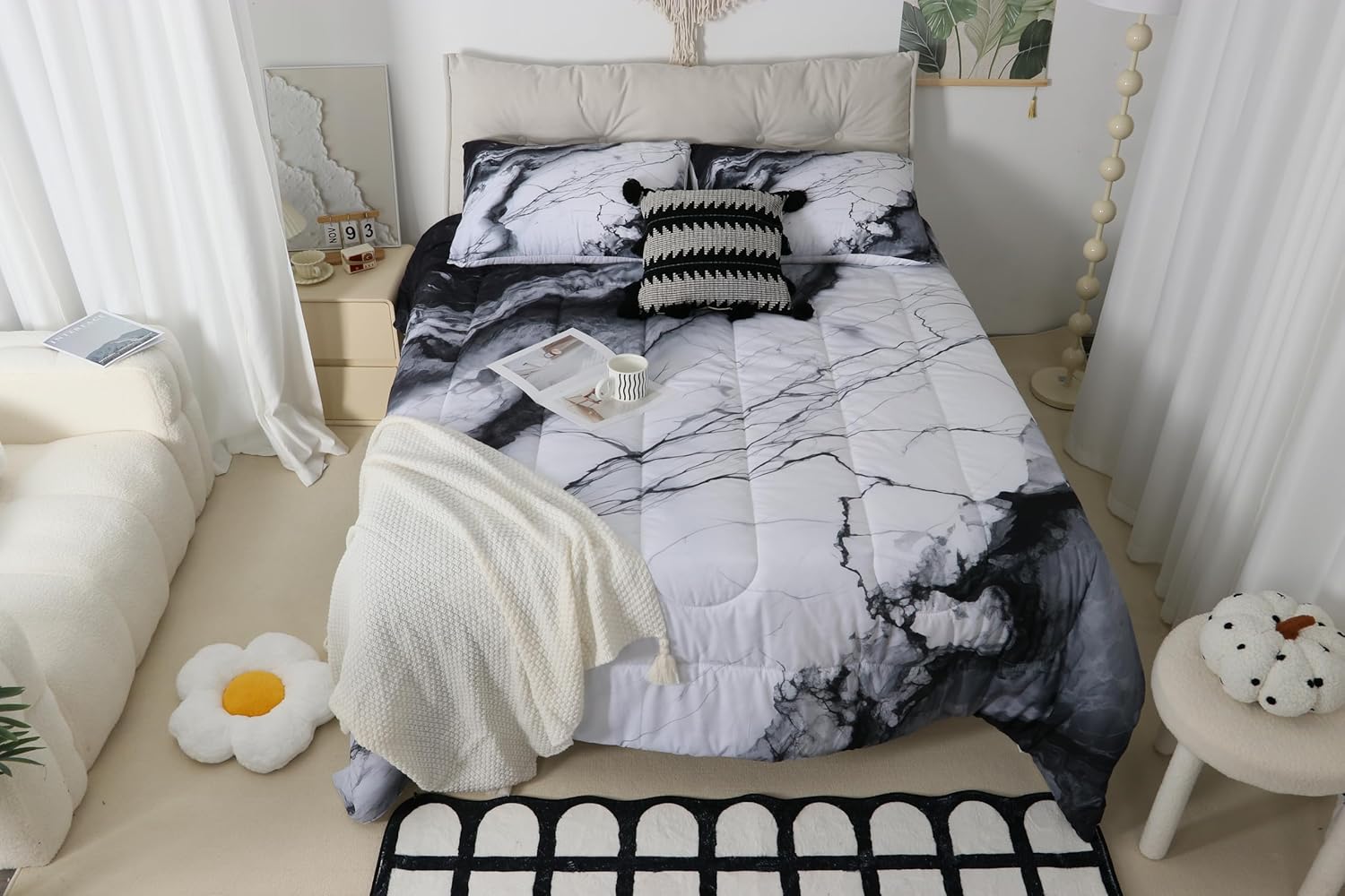 Manfei Marble Print Comforter Set Twin Size,Marbling Abstract Stone Texture Bedding Set,Boys Girls Adults Room Decor,Artwork Chinese Style Down Comforter,Black White Grey Duvet Insert,1 Pillowcase