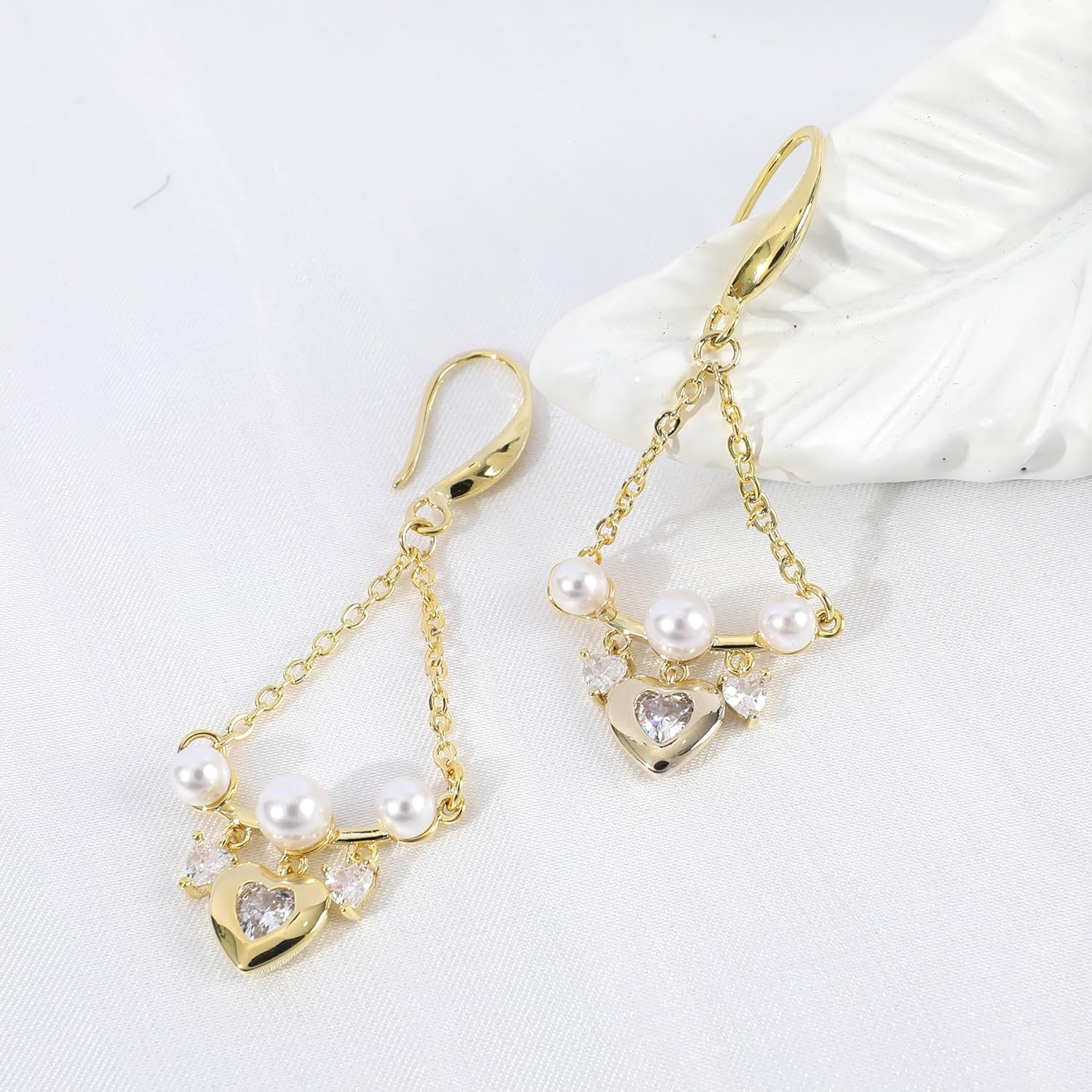 Gold Heart Pearl Triangle Chain Earrings for Women 14K Gold Plated Dangle Pearl Cubic Zirconia Heart Earrings Drop CZ Heart Pearl Bar Chain Earrings Trendy Party Summer Beach Jewelry Gifts for Her - Image 5