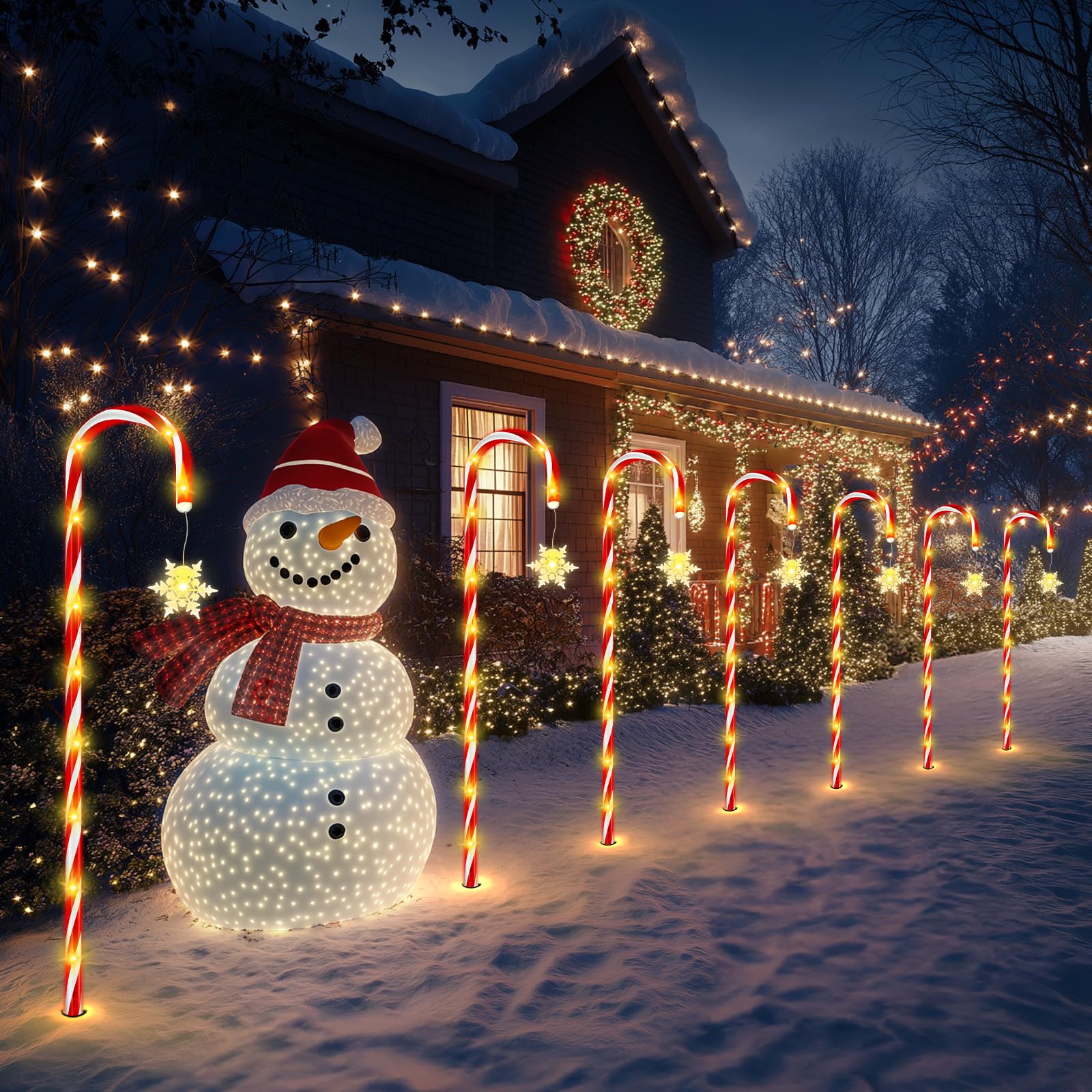 HELESIN Catena luminosa con bastoncini di zucchero, 10 pezzi, design rialzato, bastoncini di zucchero a LED, per esterni, 110 LED, 12 modalità, bastoncini di zucchero illuminati, impermeabili, fiocchi