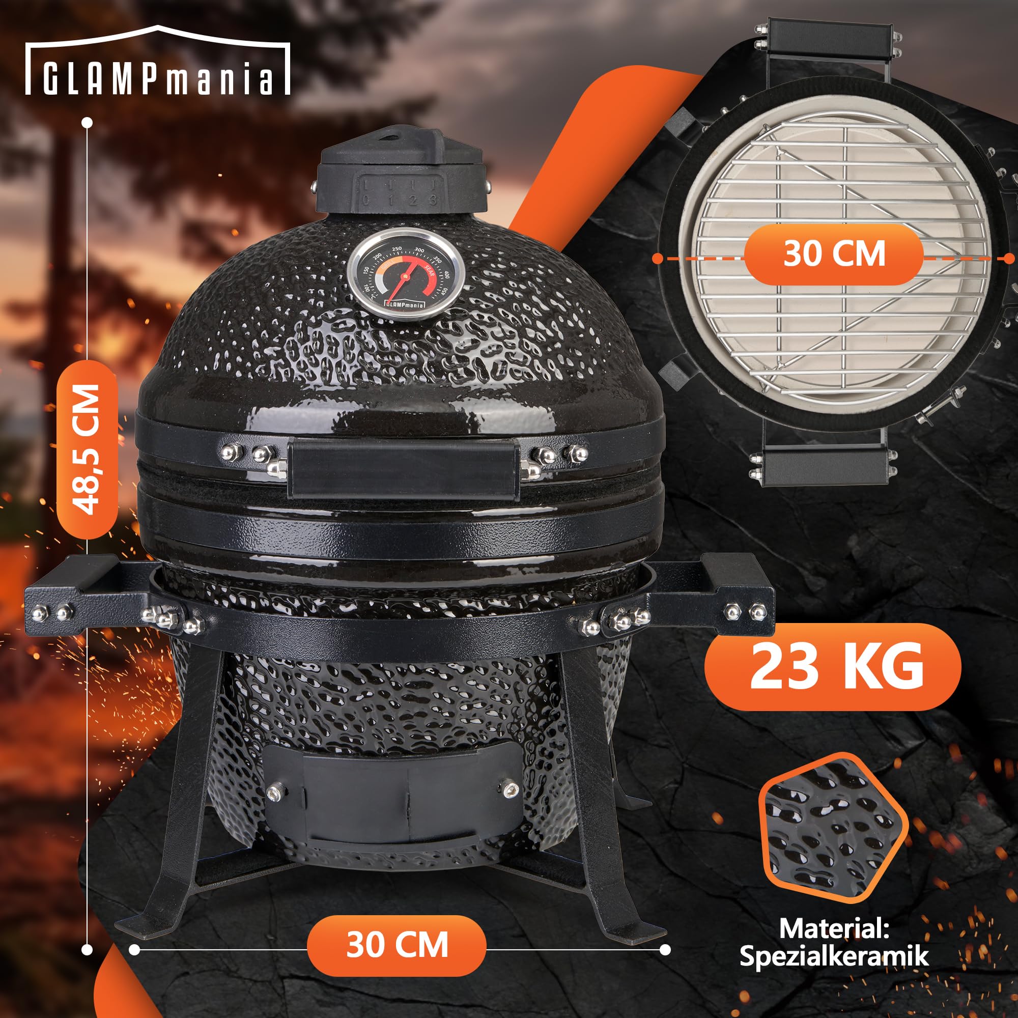 Keramikgrill Kamado Grill SET für 2 Personen - Grilllrost Ø25cm I Smoker Grill I Campinggrill, BBQ, Holzkohlegrill für Camping Garten Balkon - Jetzt Holen und Genießen