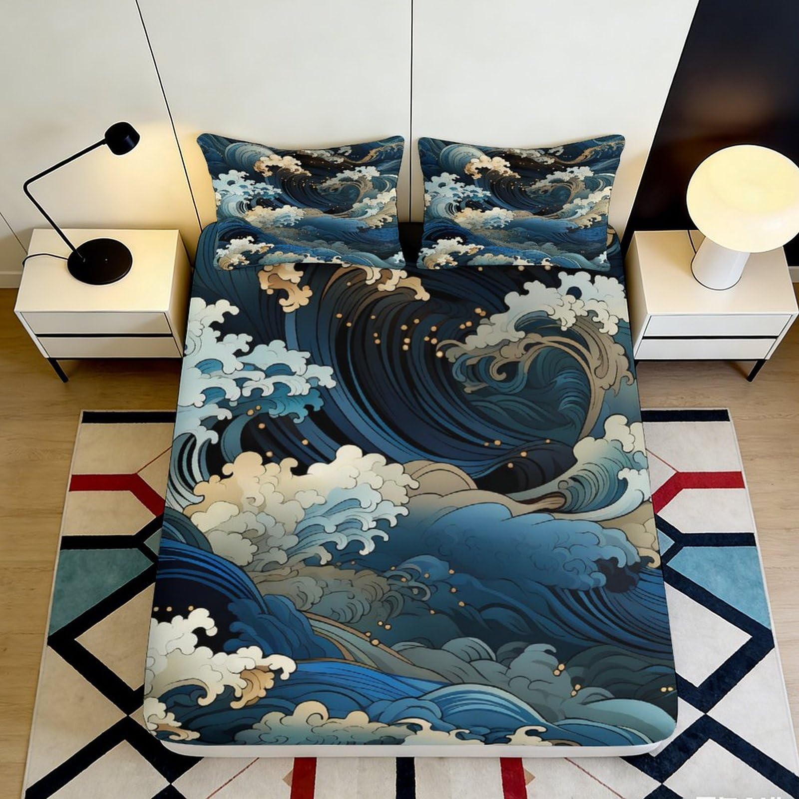 3D Printed Japanese Wave Art Fitted Sheet Microfiber Soft Blue Ocean Storm Mattress Cover Bedroom Decor 120x200x25cm
