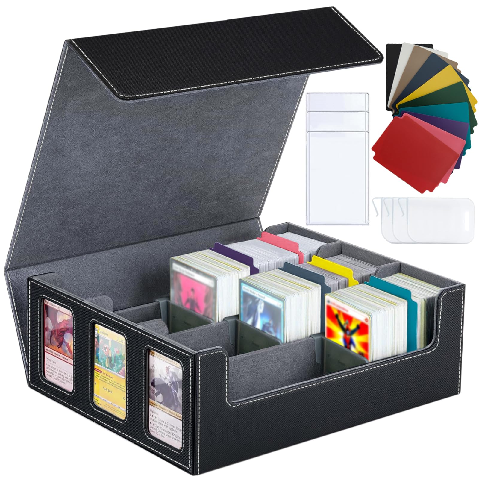 MTG Deck Box, 3 Rows Trading Card Storage Box Holds 2400+ Cards Deck Case with 3 Display Windows, 3 Clips and 10 Dividers