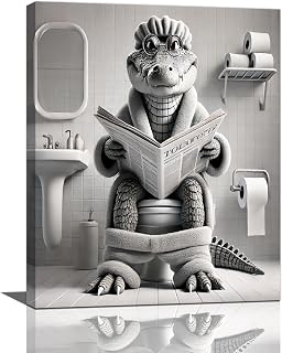 Funny Crocodile Bathroom Wall Art Alligator Bathroom Pictures Wall Decor Black and White Crocodile Toilet Bathroom Canvas Painting Print Home Modern Artwork Decorations Framed for Restroom 16"x20"