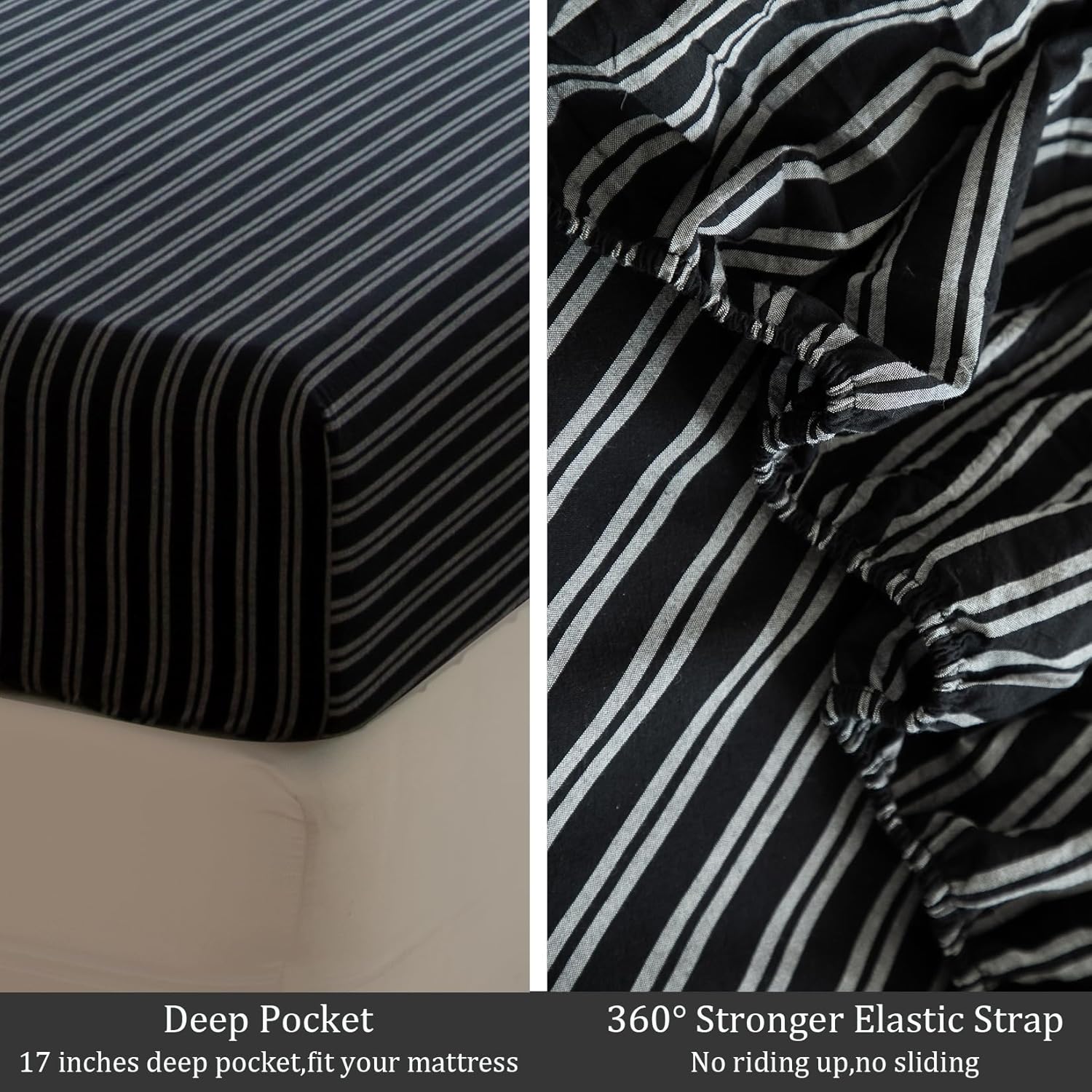 Striped Bedding Sheet Set 4 Pcs,100% Washed Cotton Linen Like,1 Fitted Sheet,1 Flat Sheet and 2 Pillowcases,Comfy Textured Sheet Set(Strip-Black/White,Queen)