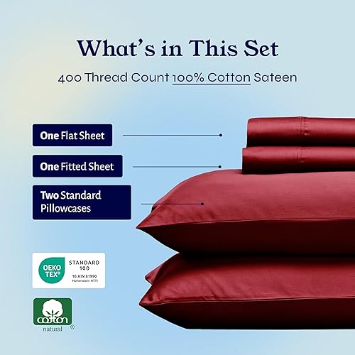 Vista 299 de Juego de sábanas de 400 hilos y 6 piezas, tamaño King, con 4 fundas de almohada, ropa de cama de 100 % algodón con tejido satinado, color azul 12