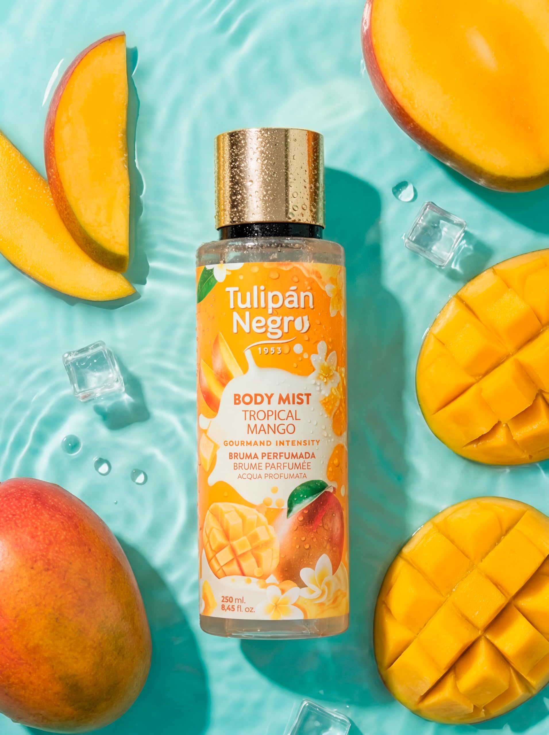 Tulipán Negro - Body Mist Tropical Mango, Bruma Corporal con Fragancia Dulce y Tropical, Aroma Refrescante y Delicioso para Uso Diario, 250 ml