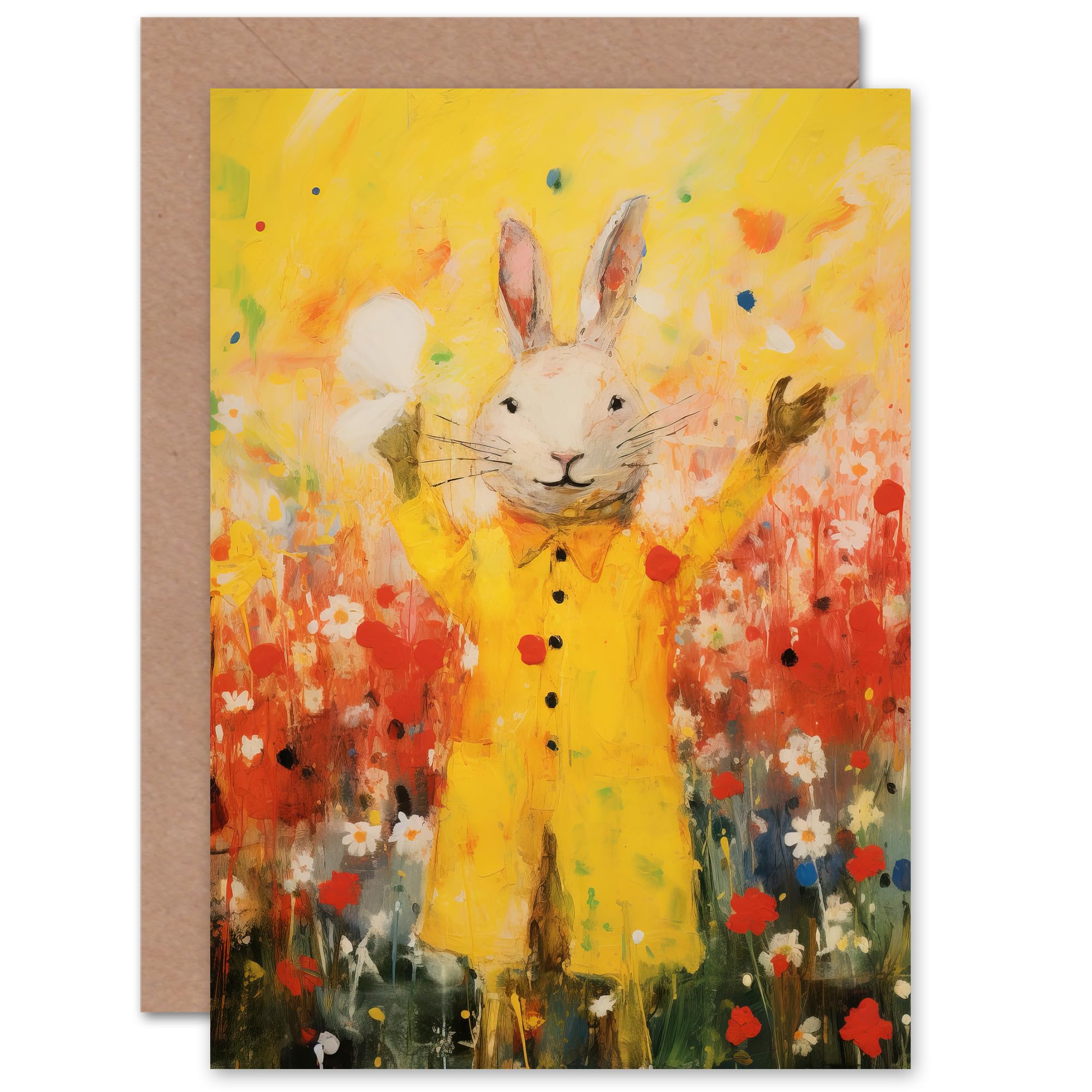 Artery8 Rabbit in Rain Mac Floral for Child Children Kids Birthday Thank You Congratulations Blank Art Greeting Card