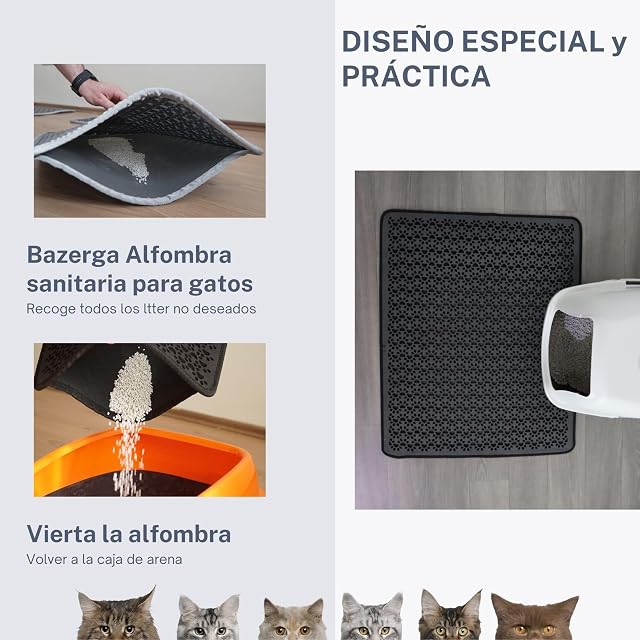 Foto 5 de 7 de Bazerga Alfombra de Arena Para Gato 60-74 cm XXL, Alfombrilla Arena Para Gato