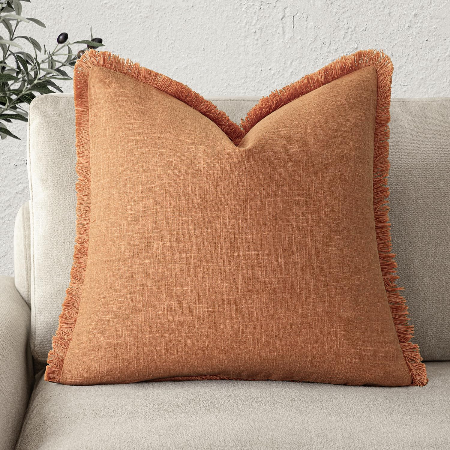 Foindtower Decorative Linen Fringe Throw Pillow Covers Cozy Boho Farmhouse Cushion Cover with Tassels Soft Accent Pillowcase for Chair Sofa Bed Living Room Home Decor, 18×18 Inch,1PC,Dusty Orange