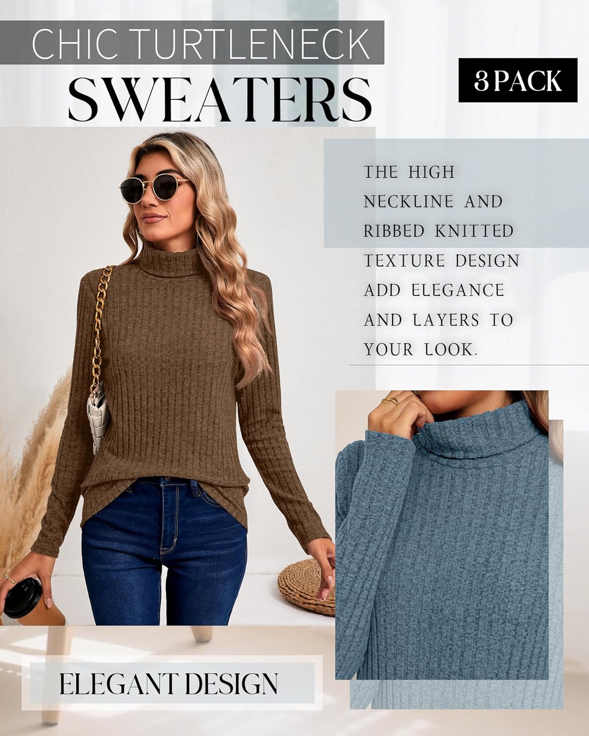 Ficerd 3 Pack Women's Turtleneck Sweater, Lightweight Long Sleeve Shirts Solid Color Tunic Tops Casual Slim Fitted Pullover - Image 5