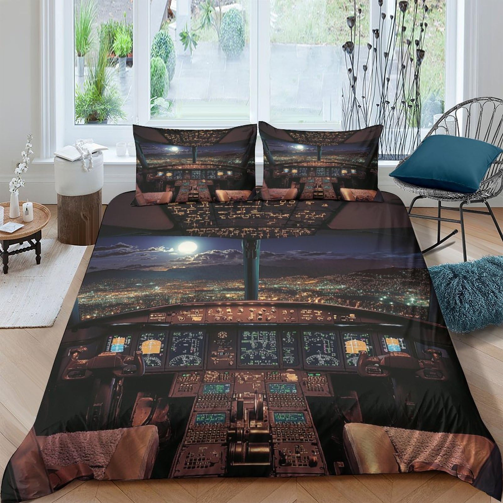 Ctjqhvkz Style-8 3D Printed Airplane Cockpit Fitted Sheet Microfiber Non-Slip Bed Cover Night Flight Bedroom Dorm Decor, Washable, Dustproof Single（135X200cm）