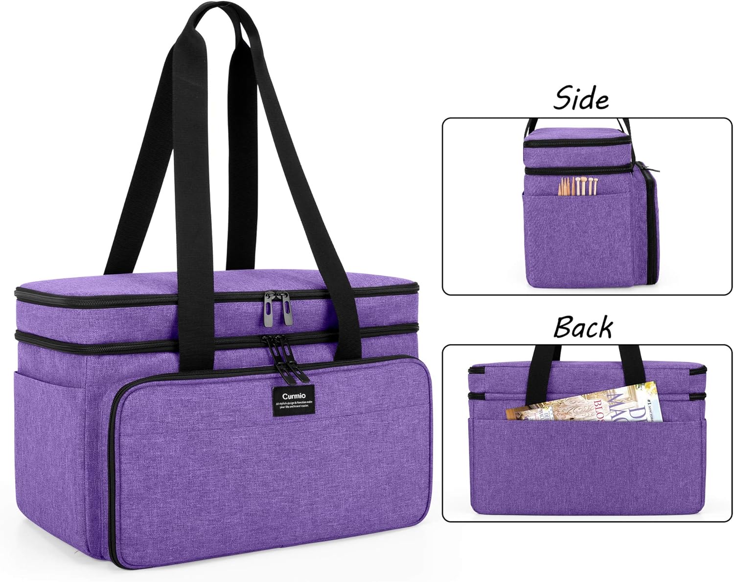 CURMIO Double-Layer Knitting Tote Bag, Yarn Storage Bag with Compartments for Crochet Hooks, Knitting Needles (Up to 14 Inches), Knitting Project and Accessories, Purple (Bag Only, Patented Design)