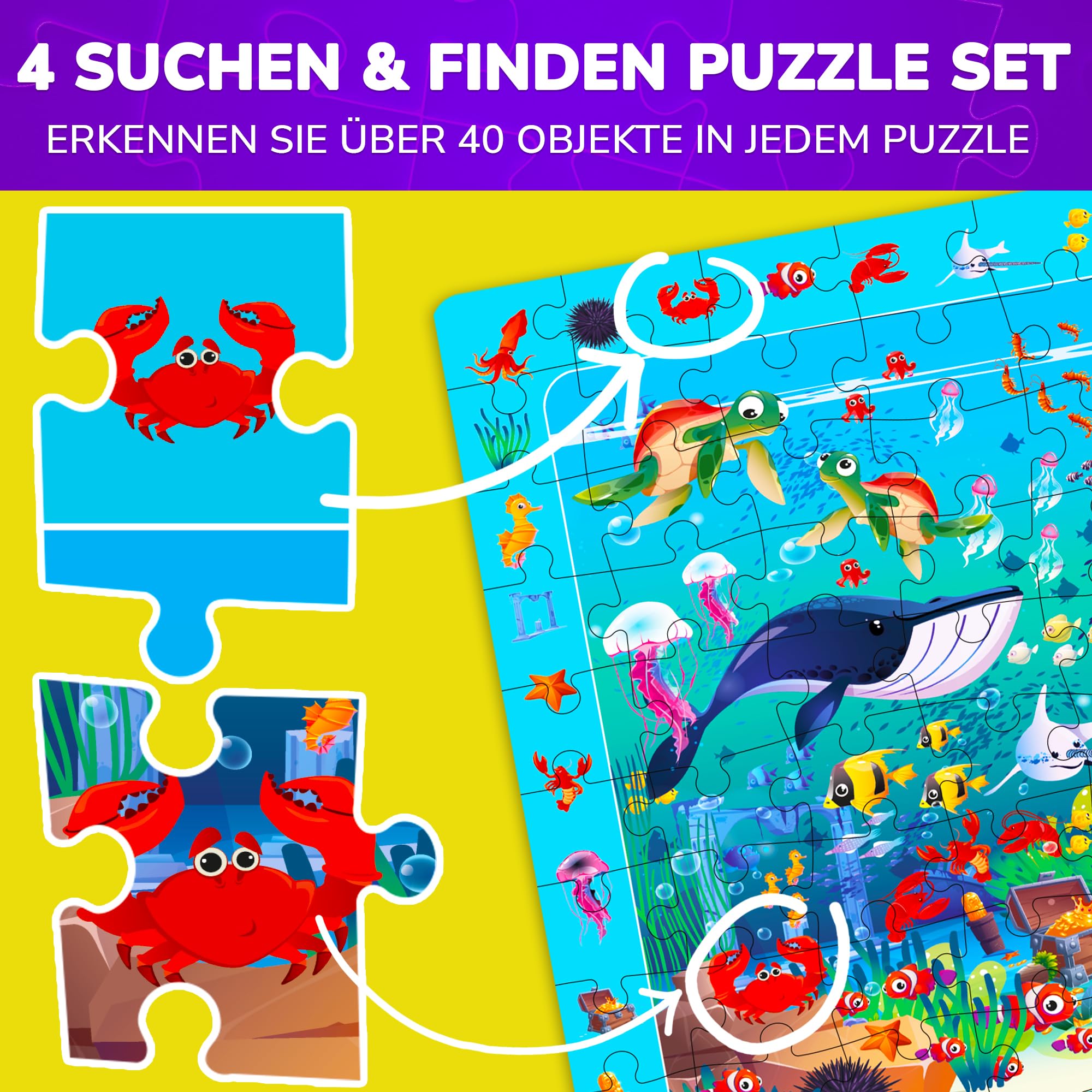 QUOKKA Puzzle ab 3 4 5 Jahre für Kinder - 4x100 Teile Puzzle ab 5 6 für Jungen und Mädchen - Suchen & Finden Kinderpuzzle Spiele mit Tiere & Insekten - Geschenk Spielzeug für Kinder 6 7 8 Jahre