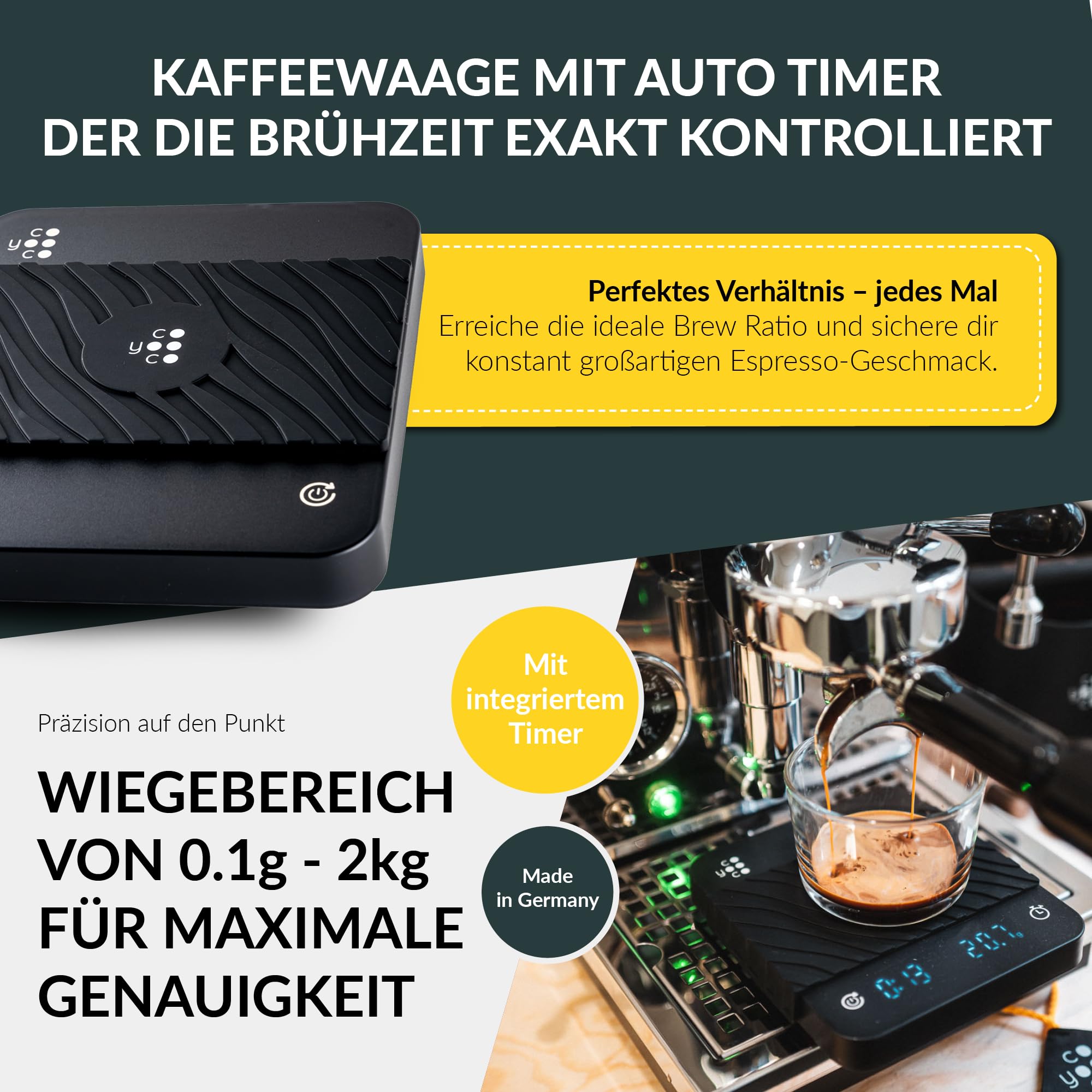 COYOOCO Kaffeewaage mit Timer - 0,1 g Präzision bis 2 kg - spritzwassergeschützte Espresso Waage für Siebträger - 3 Programme & USB-C Schnellladen - Barista Waage inkl. Zubehör
