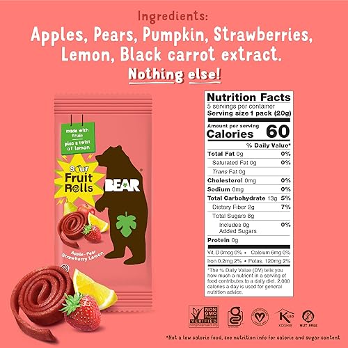 Miniatura 4 de BEAR Sour - Real Fruit Yoyos - Fresa-manzana - 0.7 onzas (5 unidades) - Sin azúcar añadido, todo natural, sin OMG, sin gluten, vegano - Snack