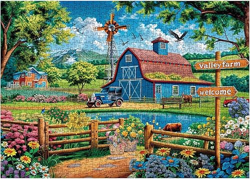 Farm Country Barn Puzzle para adultos de 1000 piezas, rompecabezas de flor y pájaro y vaca, rompecabezas de paisaje de montaña natural