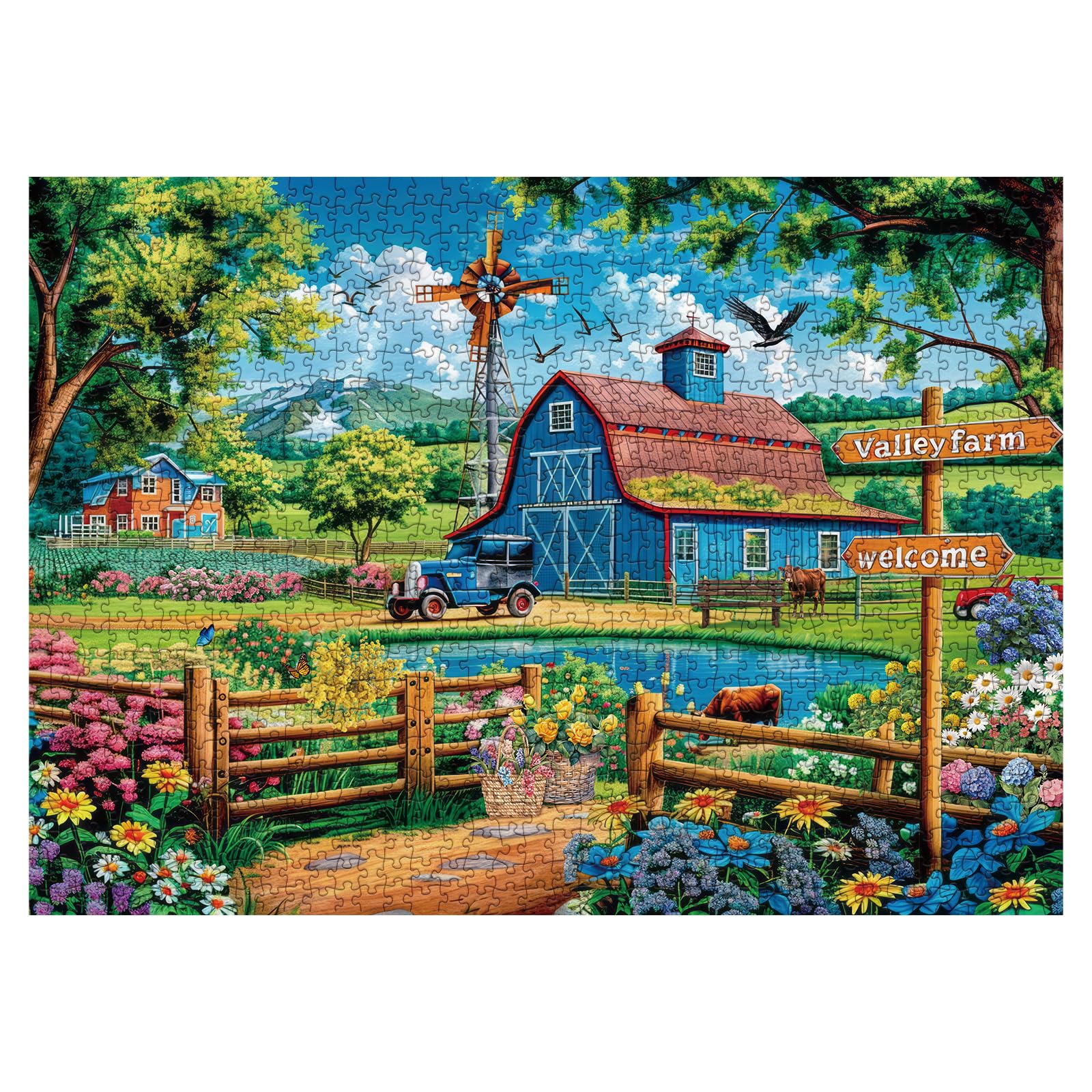 Farm Country Barn Puzzle for Adults 1000 Piece, Flower Bird Cow Jigsaw Puzzle, Nature Mountain Landscape Puzzle