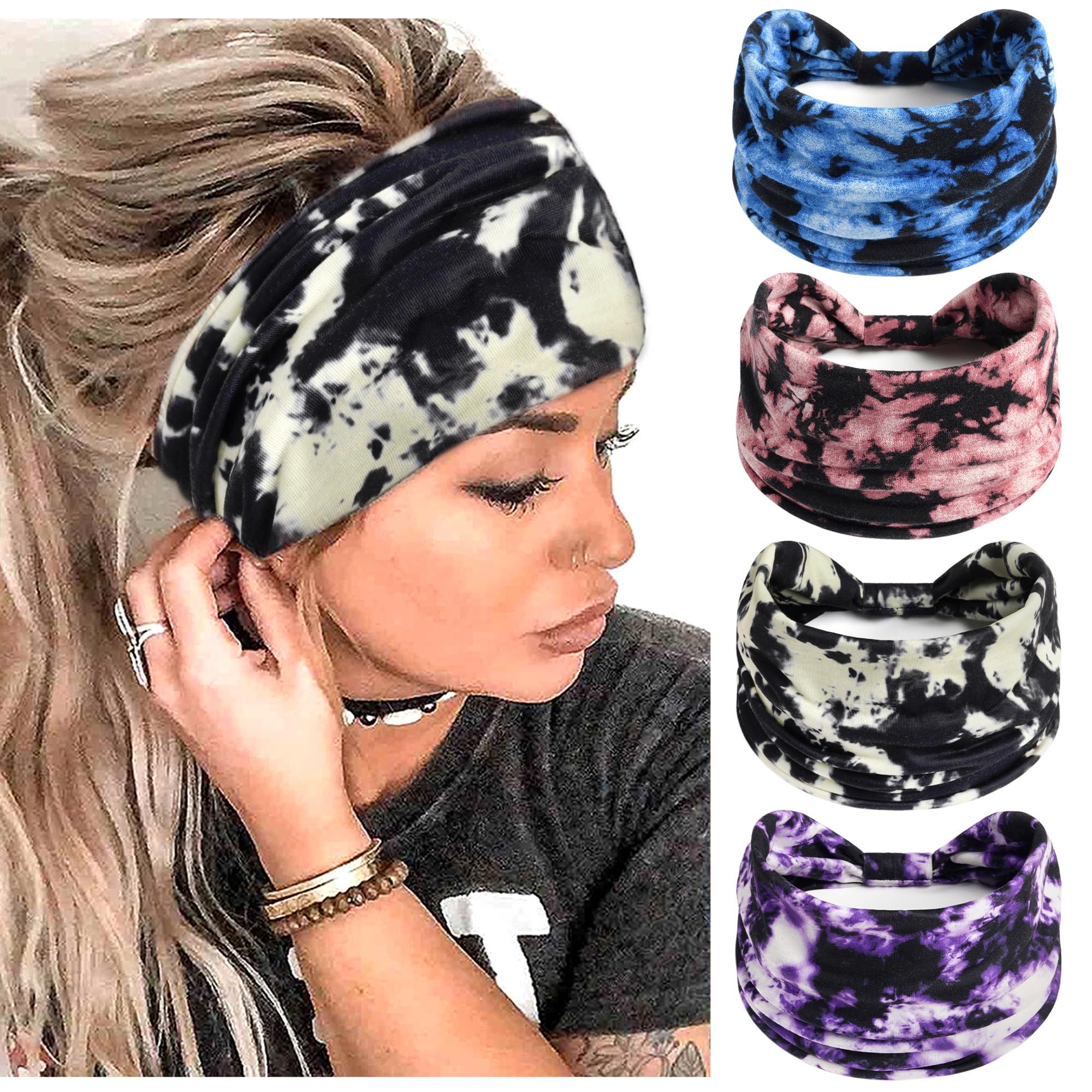 FULZTEY Boho Headbands for Women Tie Dye Head Bands Fashion Knot Wide Headwraps Large African Bandanan Fabric CottonTurban Elastic Yoga Workout Hairbands for Women's Hair Accessories 4Pcs