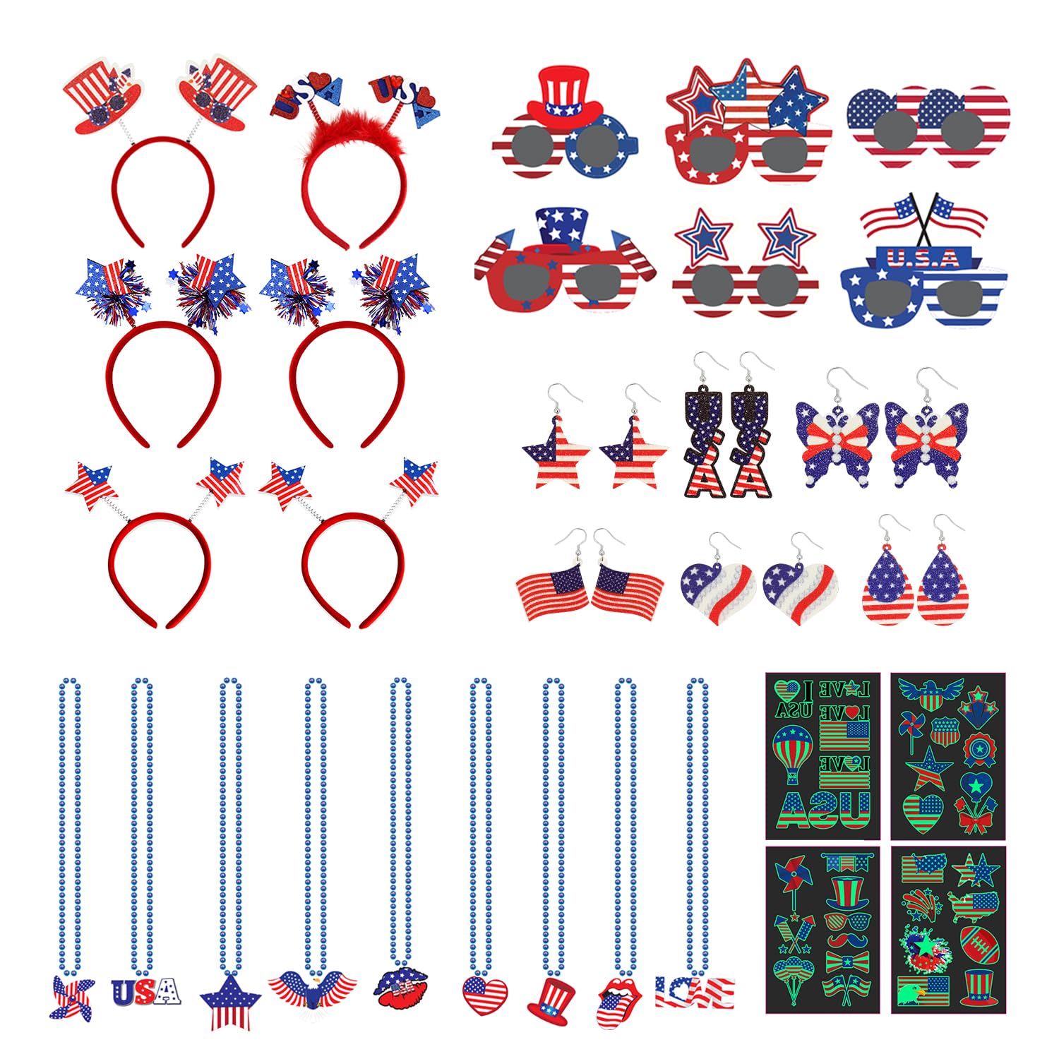 HipTree 31pcs 4th of July Patriotic Independence Labor Day Christmas Party Decorations with Earrings for Women,4th of July Headbands,Necklaces for Men