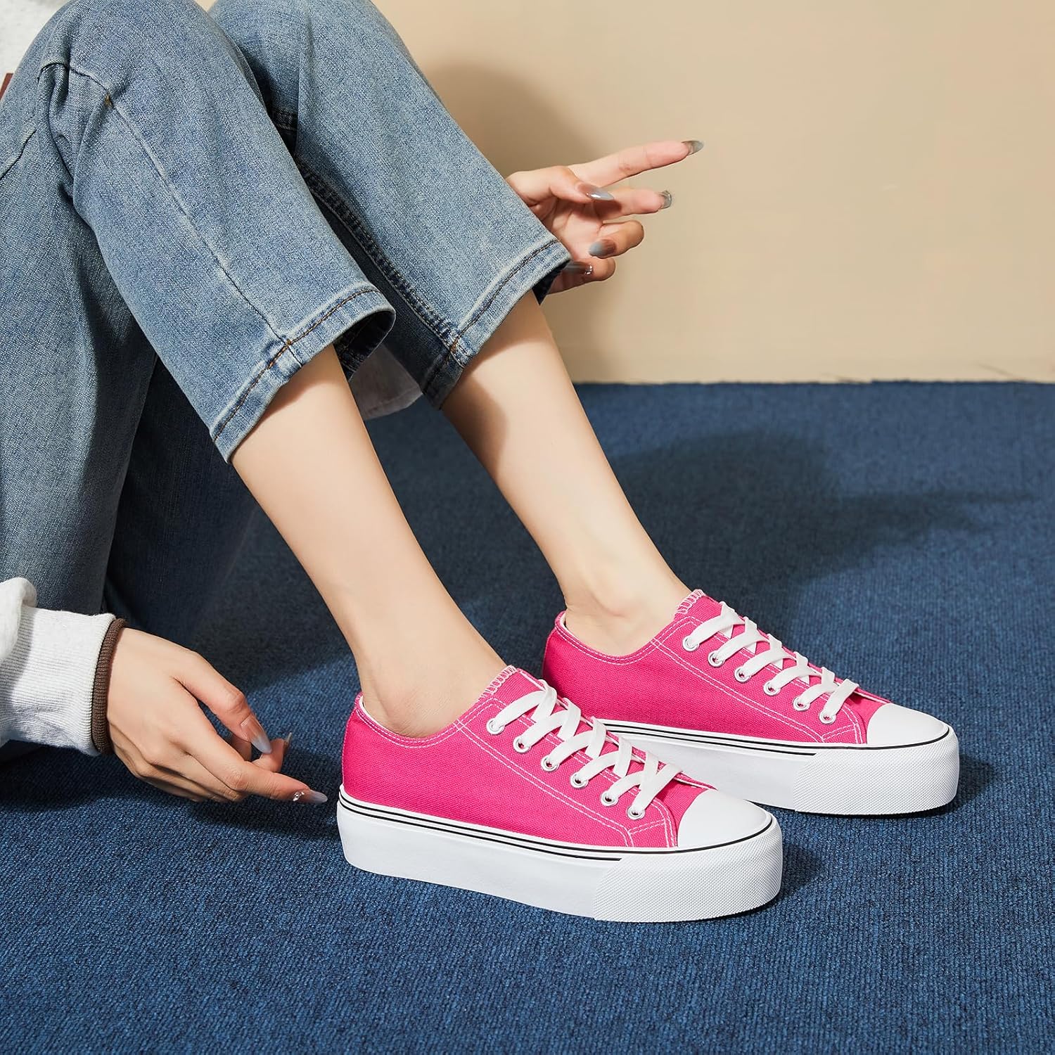 hash bubbie Platform Sneakers for Women White Platform Shoes Low Top Tennis Shoes Non Slip Black Fashion Canvas Sneakers - Image 3