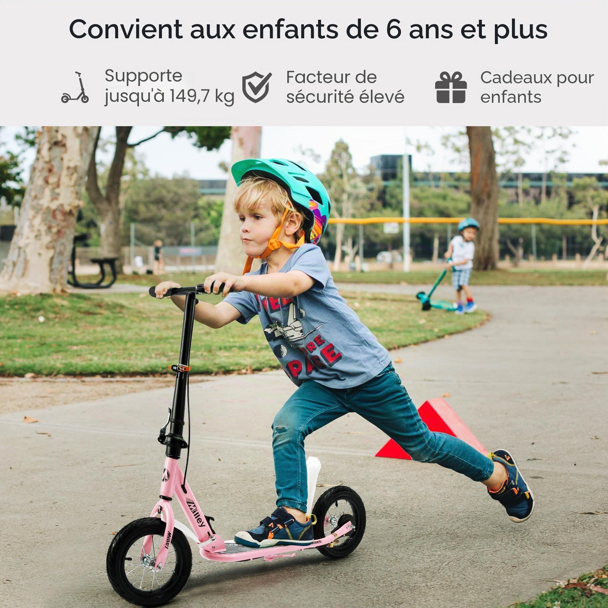 Scooter Enfant Adulte 12 Pouces Pneus en Caoutchouc Freins à Main Cadre en Acier Anti-Dérapant Hauteur Réglable 100kg pour Enfants Adolescents 8+