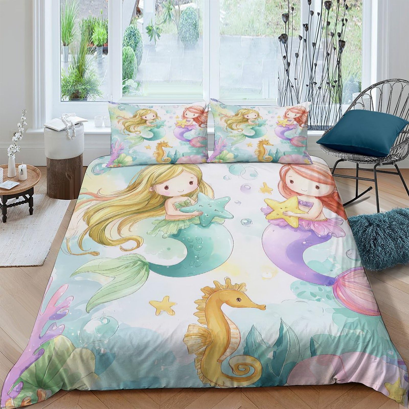 Ctjqhvkz Style-2 3D Printed Mermaid Sea Life Fitted Sheet Microfiber Soft Pastel Bed Cover For Bedroom Dorm Mattress Decor Single（135X200cm）