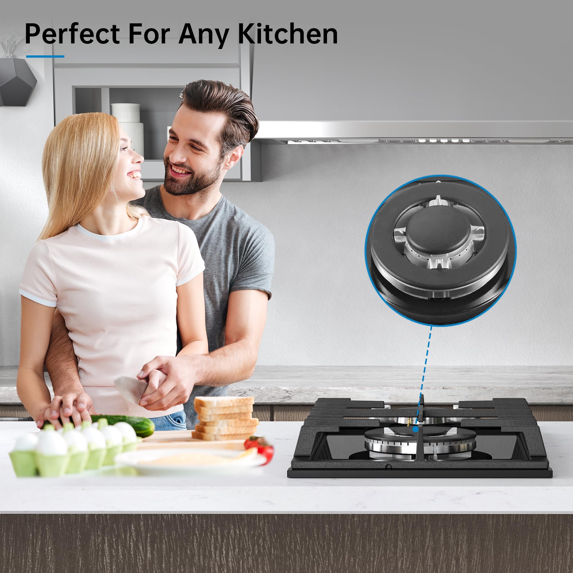 Amzgachfktch Gas Cooktop 2 Burner Propane Cooktop, 12 Inch Gas Stove Top with Thermocouple Protection, LPG/NG Dual Fuel Built-in Tempered Glass Stove for Apartment, Indoor, RV — view 7