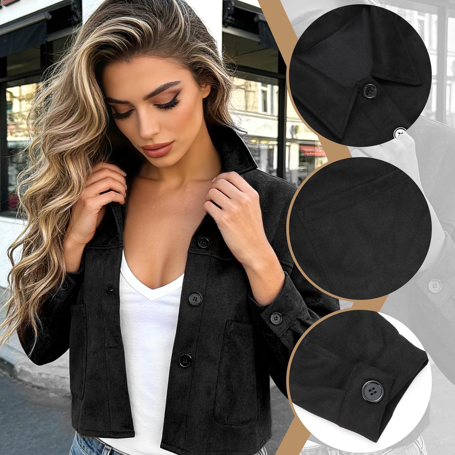 LEACOOLKEY Women's Faux Suede Cropped Jacket Casual Lightweight Coat Fall Winter Fashion Outerwear