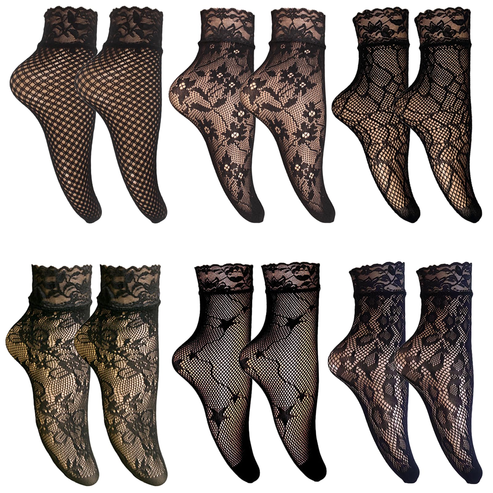 Thhiit 6Pairs Lace Socks Women, Vintage Black Sheer Mesh Fishnet Cutout Lace Ankle Sock Casual Everyday Wear