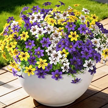 Homsunny Artificial Fake Flowers for Outdoor Spring Decoration, 12 Bundles Faux Plants Silk Daisy UV Resistant Realistic for Outside Porch Patio Balcony Planter Yard Garden Home DecorMixed 3