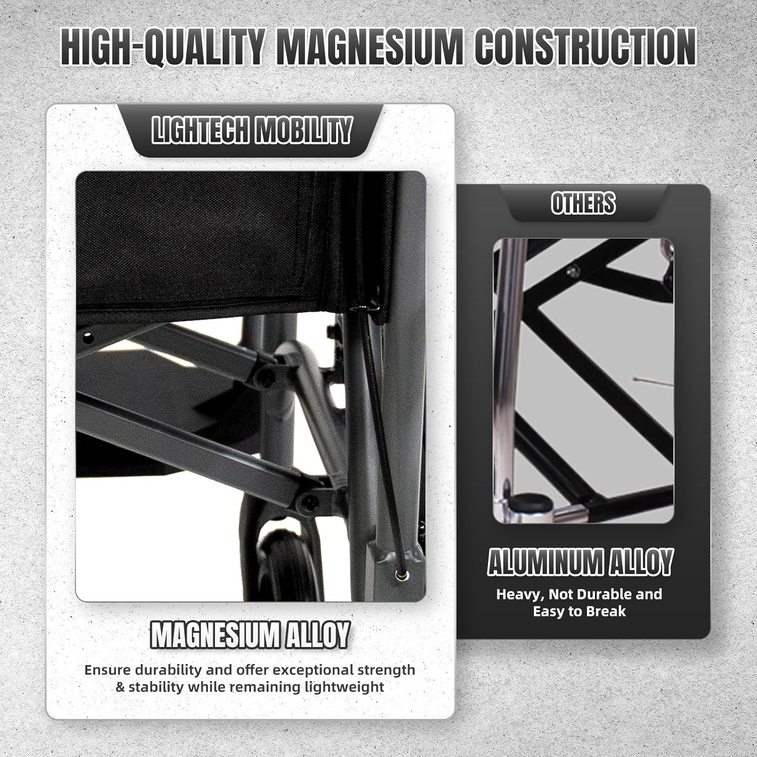 Comparison image showing the magnesium construction of the Lightech Mobility wheelchair versus an aluminum alloy frame.