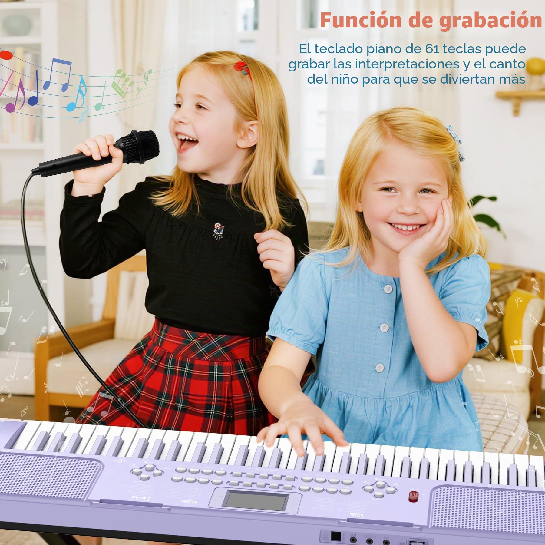 Piano digital electrónico para niños con teclas iluminadas, portátil, de 61 teclas, juguete musical educativo para principiantes con atril y micrófono. (Púrpura)