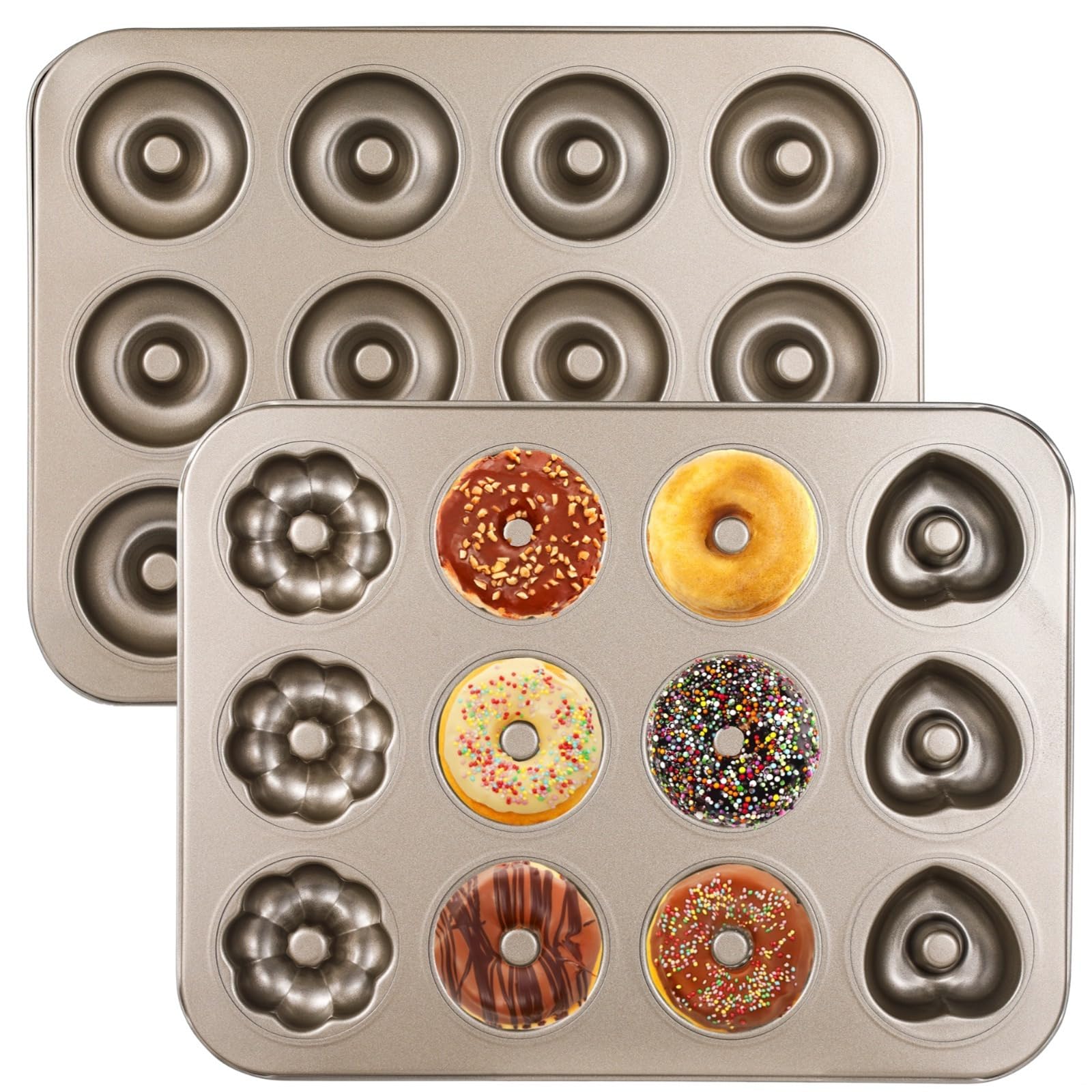 Herzförmige Kuchenformen aus Stahl, robust, 2 Stück, Donut-Form, Kuchenformen, Donut-Muster, Backgeschirr für den Ofen, antihaftbeschichtet, 12 Mulden