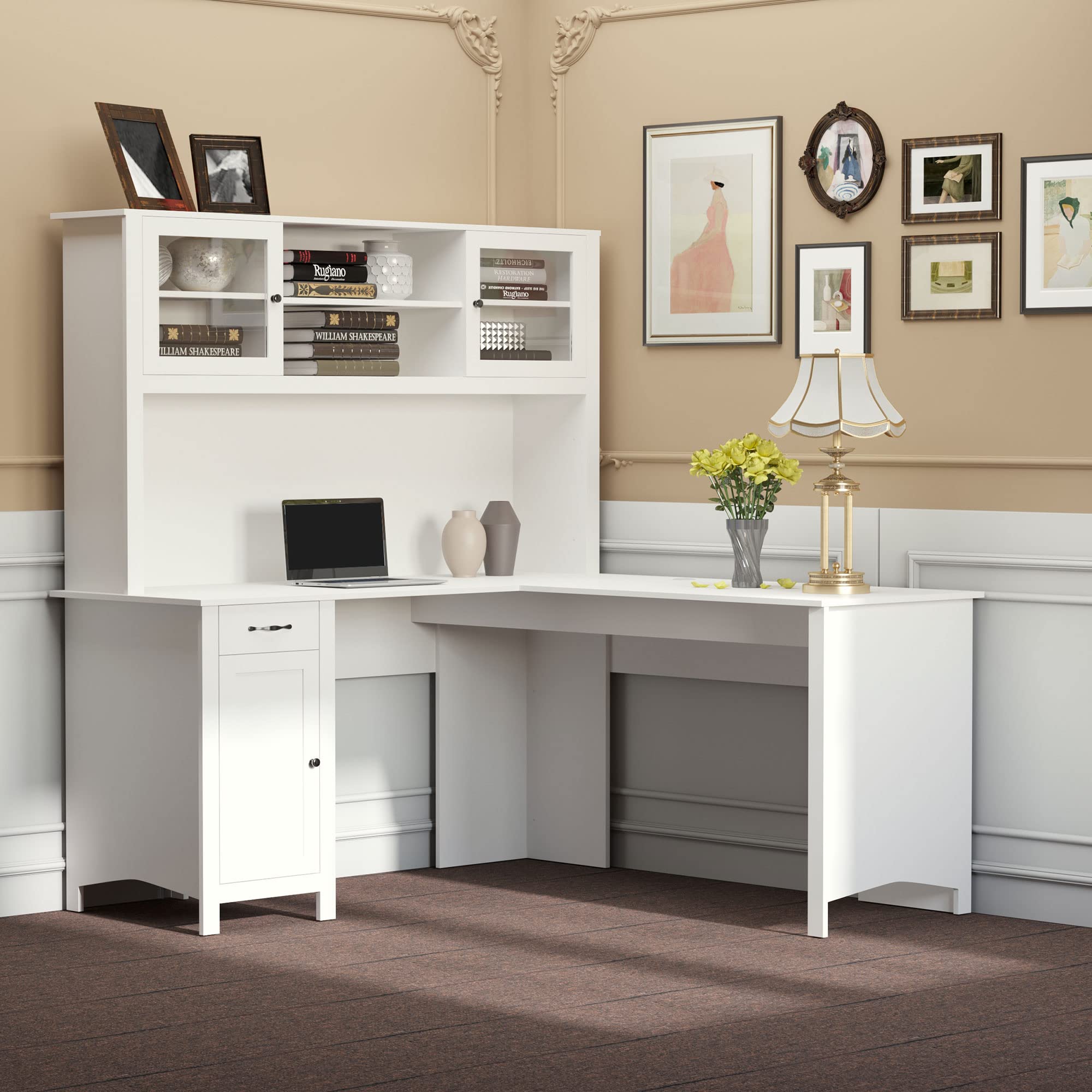 LShaped Desk with Hutch, Computer Desk with Drawers, Home