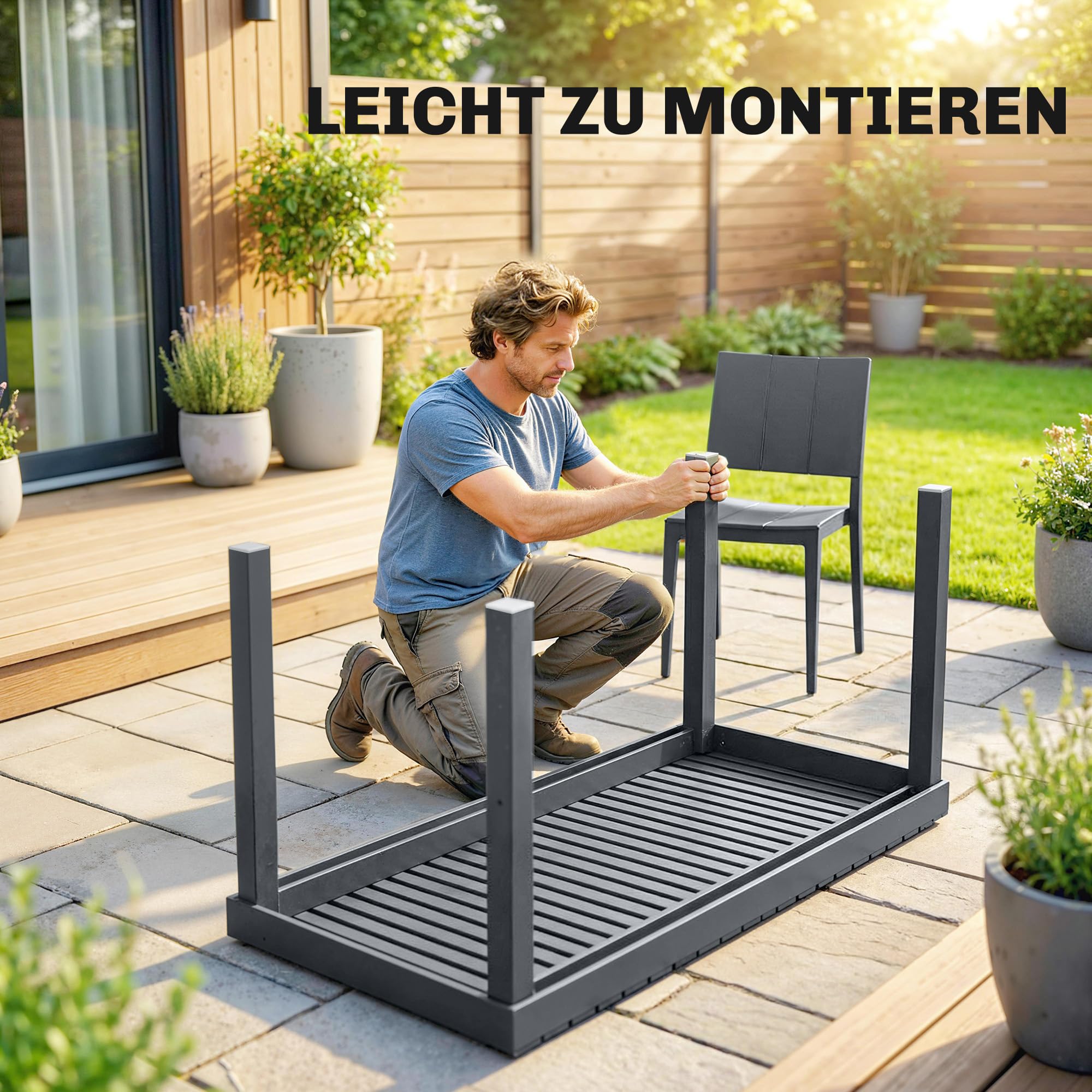 Outsunny Gartenmöbel Set Sitzgruppe 5-teilig Breiter Tisch mit 4 Stapelstühlen Lamelldesign, wetterfest Essgruppe für 4 Personen Gartenset Gartengarnitur für Garten Balkon Terrasse Dunkelgrau