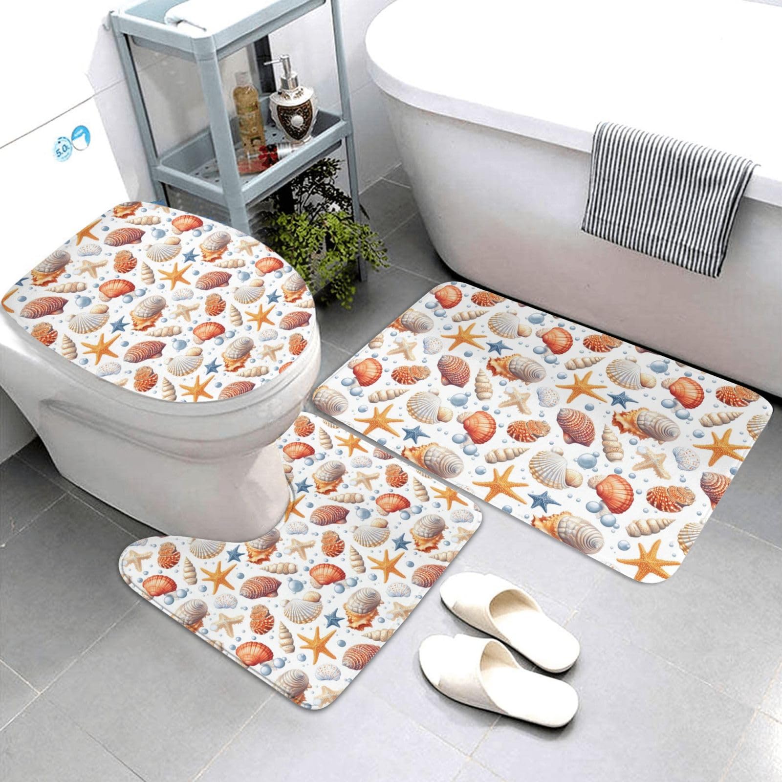 Tapis de salle de bain absorbant et antidérapant lavable en forme de U motif océan
