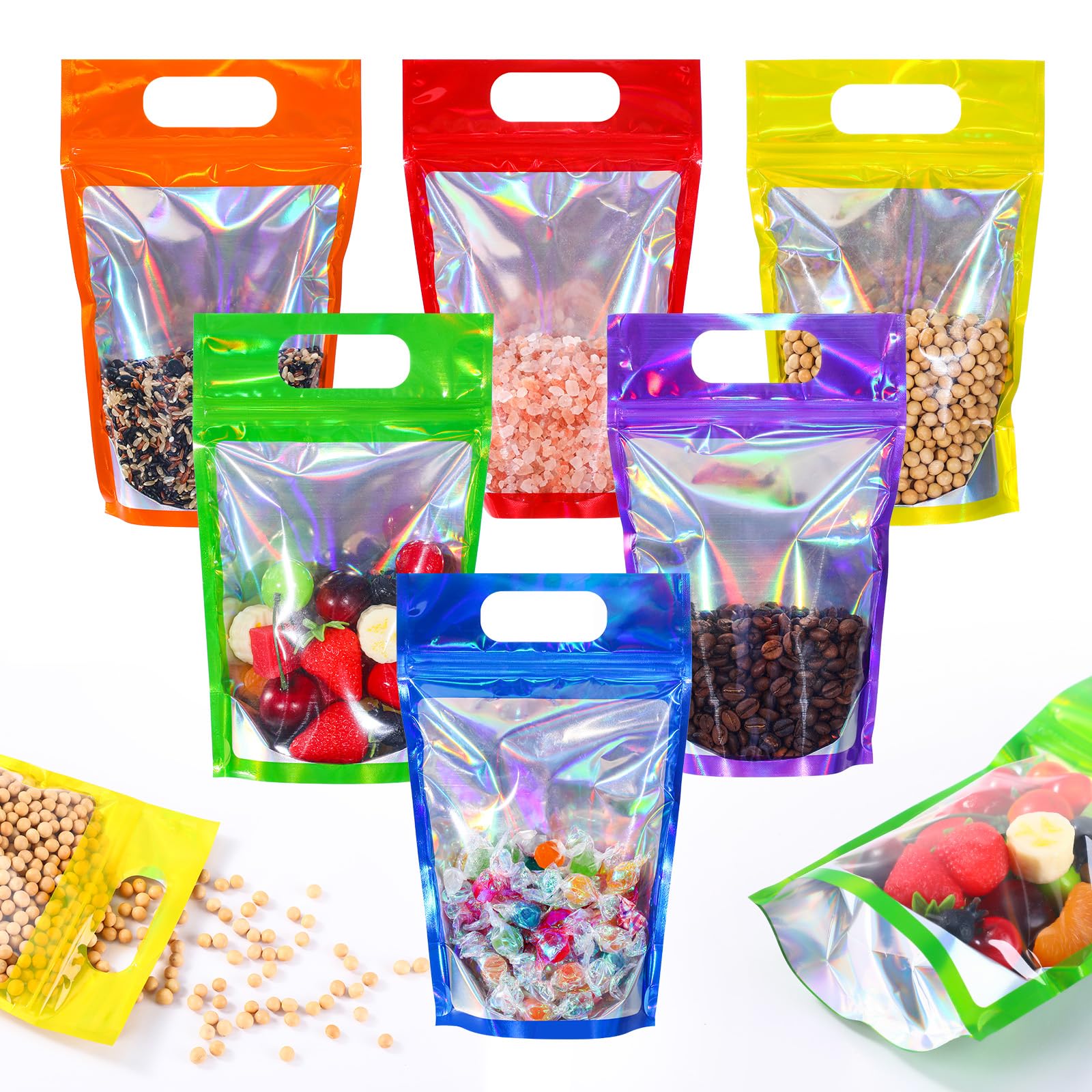 Photo 1 of Sinload 120 Pcs Plastic Gift Bag Bulk Resealable Party Goodie Bag with Clear Window Color Favor Pouch with Handle for Home Birthday Wedding Party Candy Gift Wrap Supplies(Laser,5.5 x 8.7 Inch)