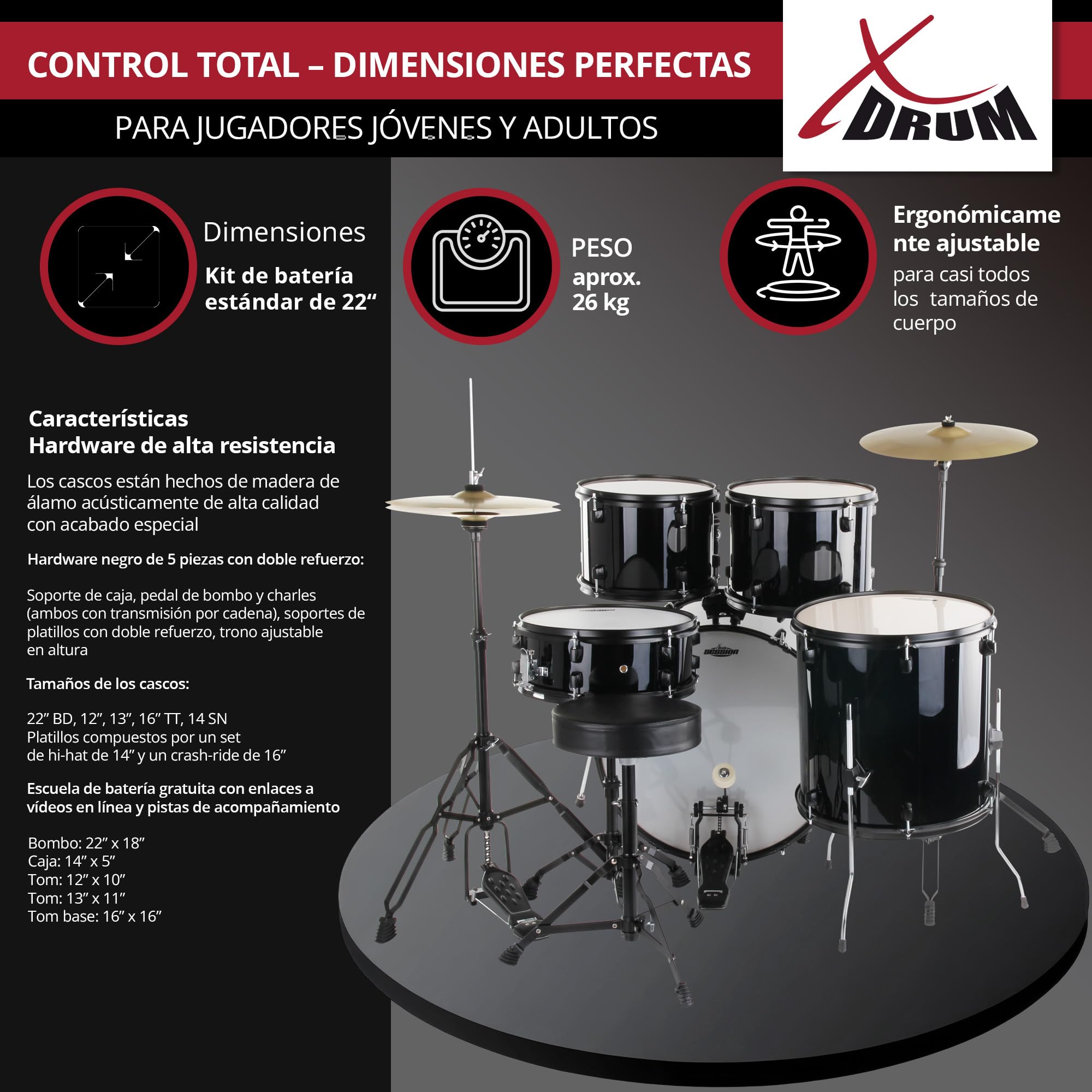 XDrum Rookie 22" Standard Set Completo de Batería Black - Ideal para Principiantes - Hardware Estilosa en negro - Incluye Baquetas 5B, Manual de Montaje y Escuela de Batería - Negro