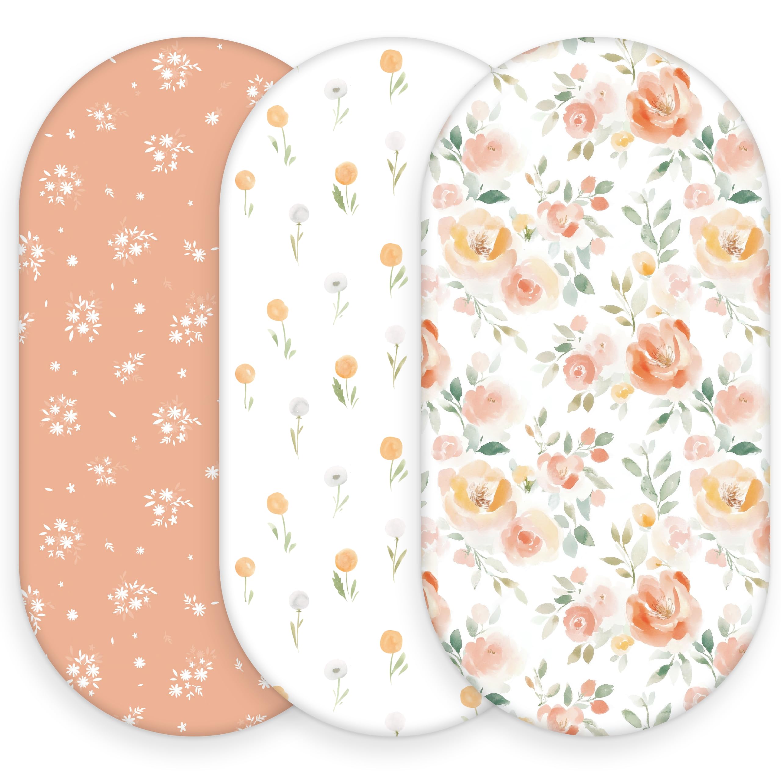Baby Bassinet Sheets, 3 Pack Fitted Bassinet Mattress Sheets, Compatible with Halo Bassinest Swivel Sleeper &amp; Oval Hourglass Rectangle Mattress, Ultra Soft Orange Watercolor Flower