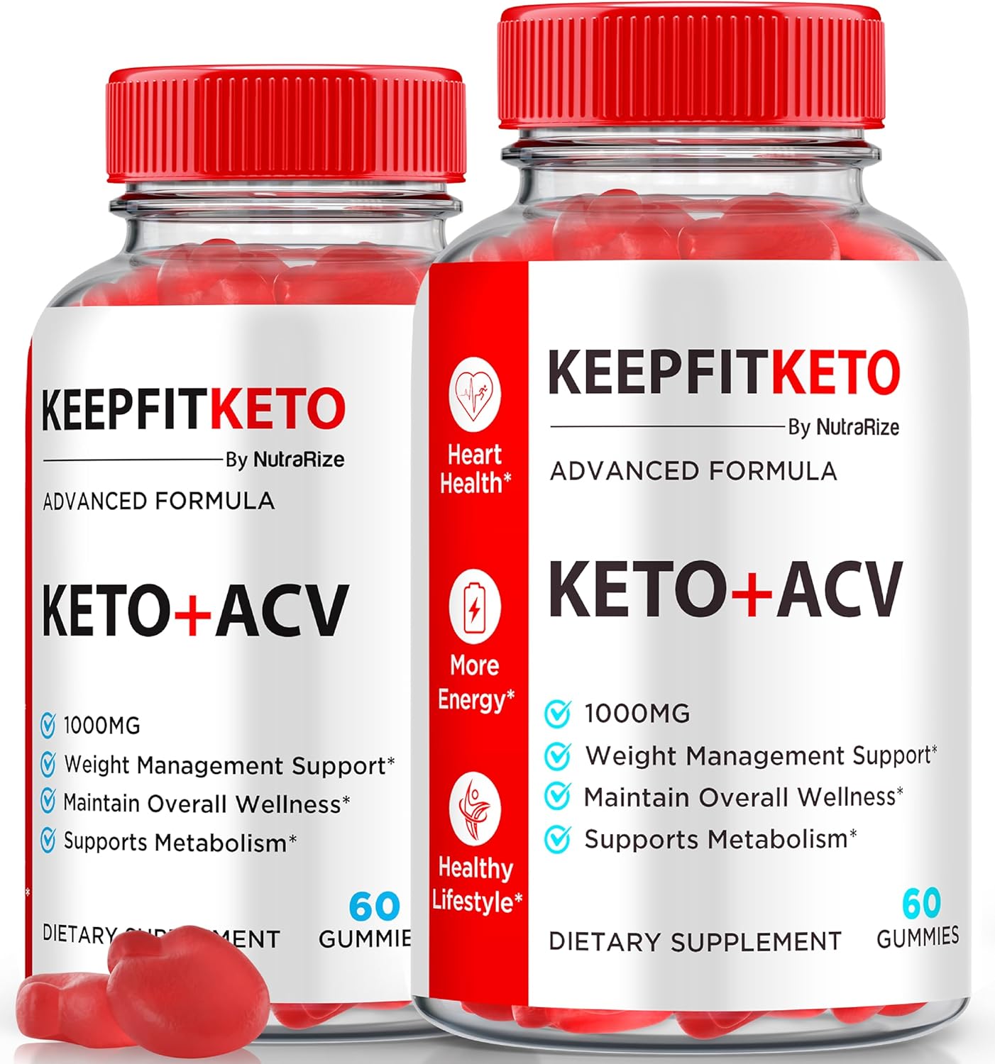 Two bottles of NutraRize Keep Fit Keto ACV Gummies. Each bottle is white with a red cap, labeled 'KEEP FIT KETO by NutraRize ADVANCED FORMULA KETO+ACV' and indicates 1000MG, Weight Management Support, Maintain Overall Wellness, and Supports Metabolism. Each bottle contains 60 gummies.