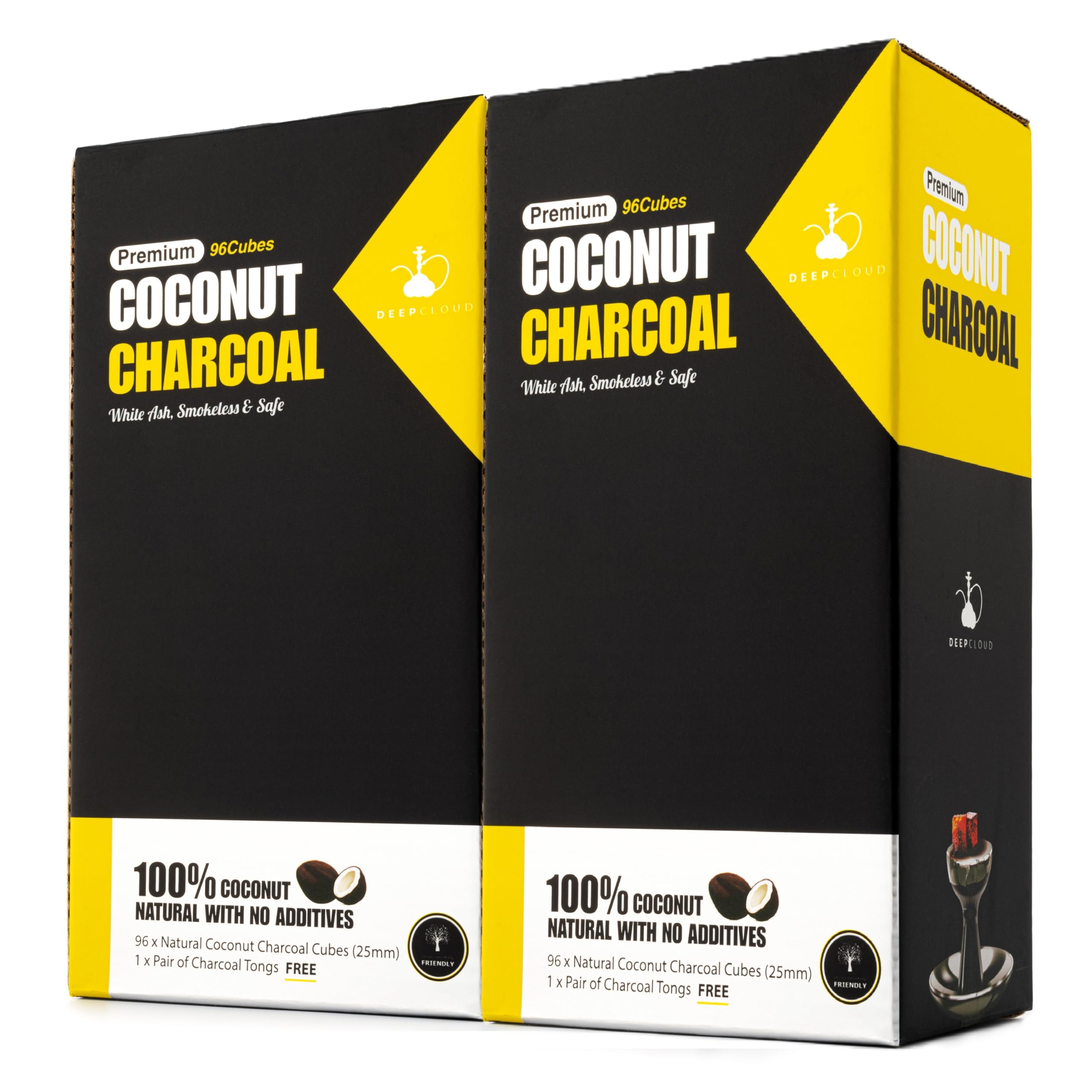 Deep Cloud Premium Coconut Shisha Charcoal Coal Cubes for Hookah, Double Pack, 192 Pieces, 20-22mm, with Metal Tongs