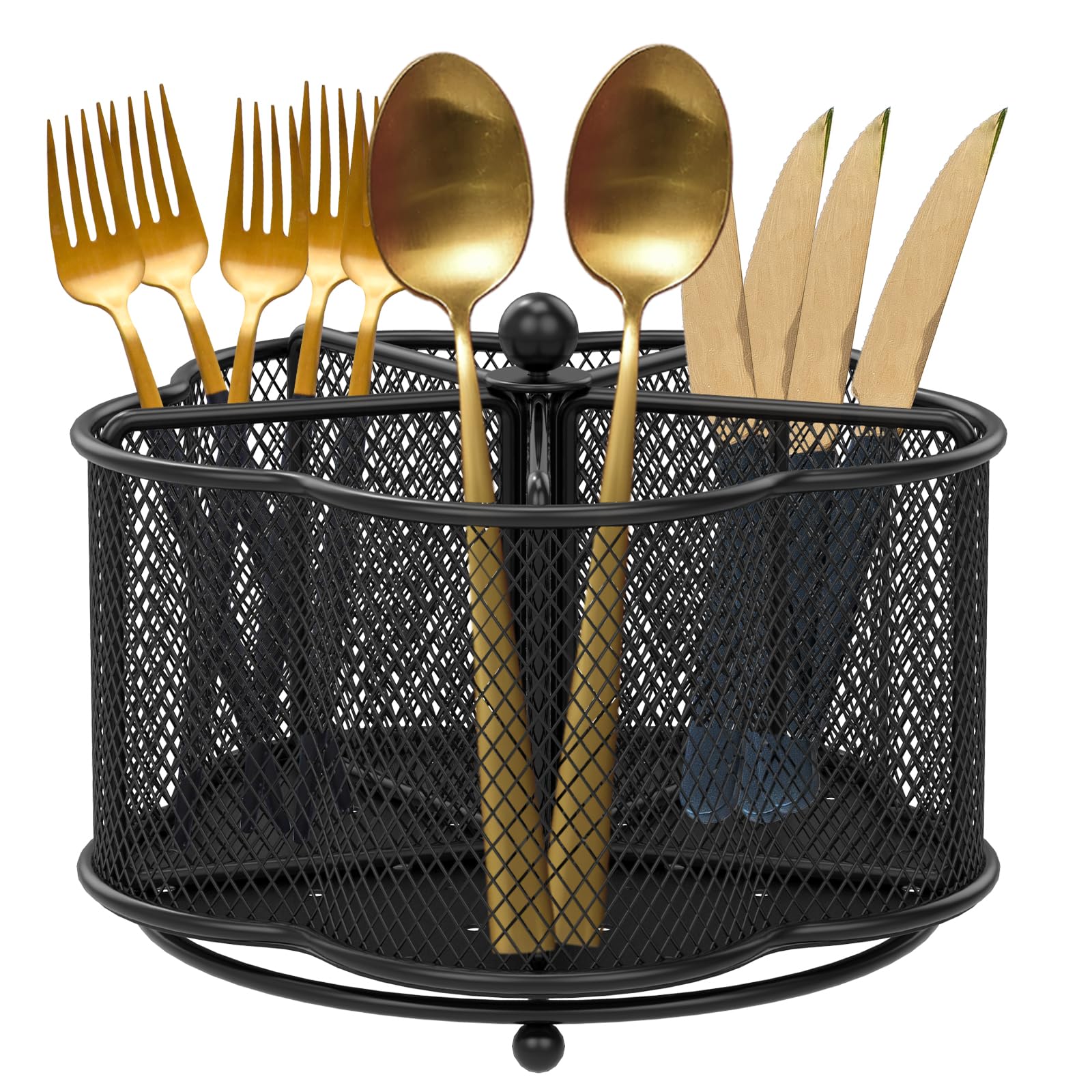 Sutowe Metal Mesh Utensil Holder 360° Rotating Cutlery Storage Basket 5 Compartment Flatware Caddy Rack Multipurpose Desktop Organizer Pencil Holder for Kitchen Picnic Party Office Art Supply