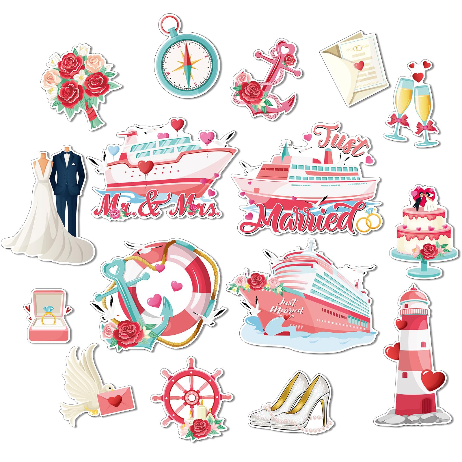 Capoda 16 Pcs Just Married Cruise Door Magnets Decorations Wedding Mr Mrs Ship Car Refrigerator Magnetic Stickers Cruise Cabin Fridge Decorations for Honeymoon Anniversary Party Supplies