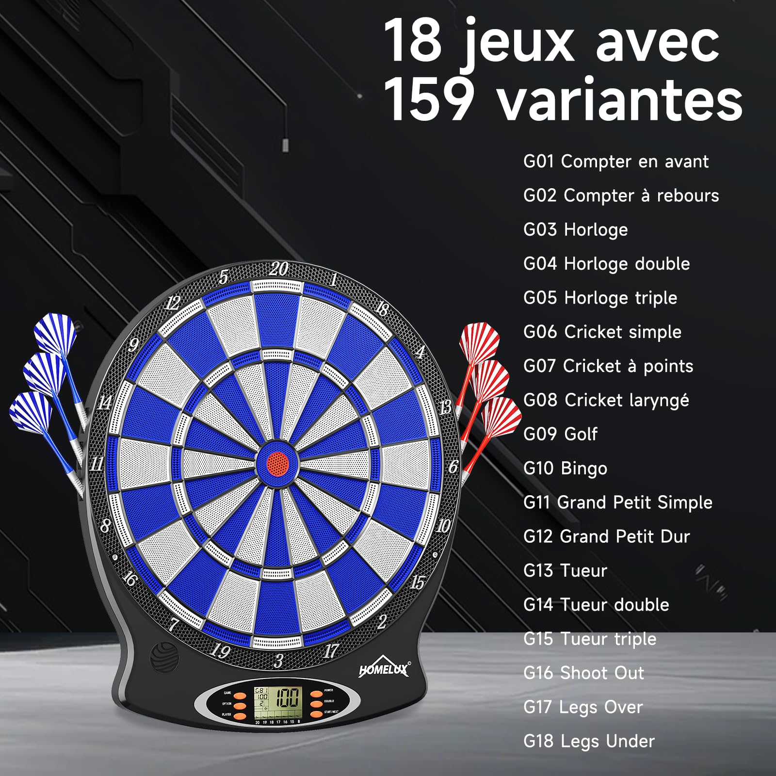 Cible de fléchettes électronique, cible électronique de fléchettes électronique, cible de fléchettes professionnelle avec 6 fléchettes, machine à fléchettes innovante électronique avec 18 jeux et 159