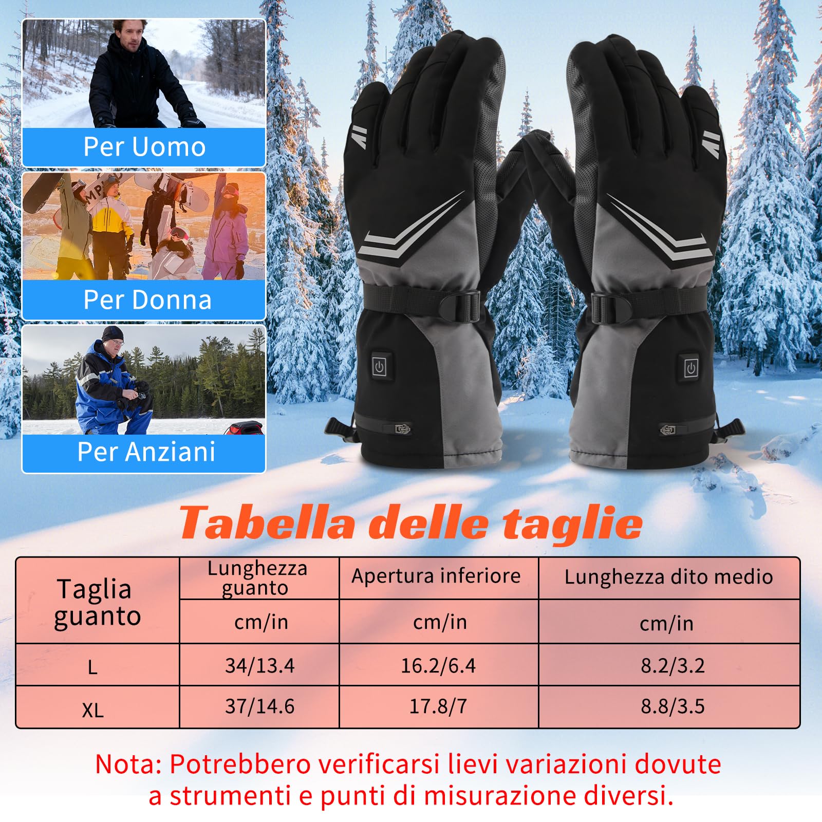 Guanti Riscaldati Ricaricabili 7500mAh, OUTJUT USB Guanti Moto Riscaldati Uomo Donna Scaldamani con Riscaldamento delle Dita 3 Impostazioni di Temperatura per la Caccia Pesca Sci, Regalo di Natale