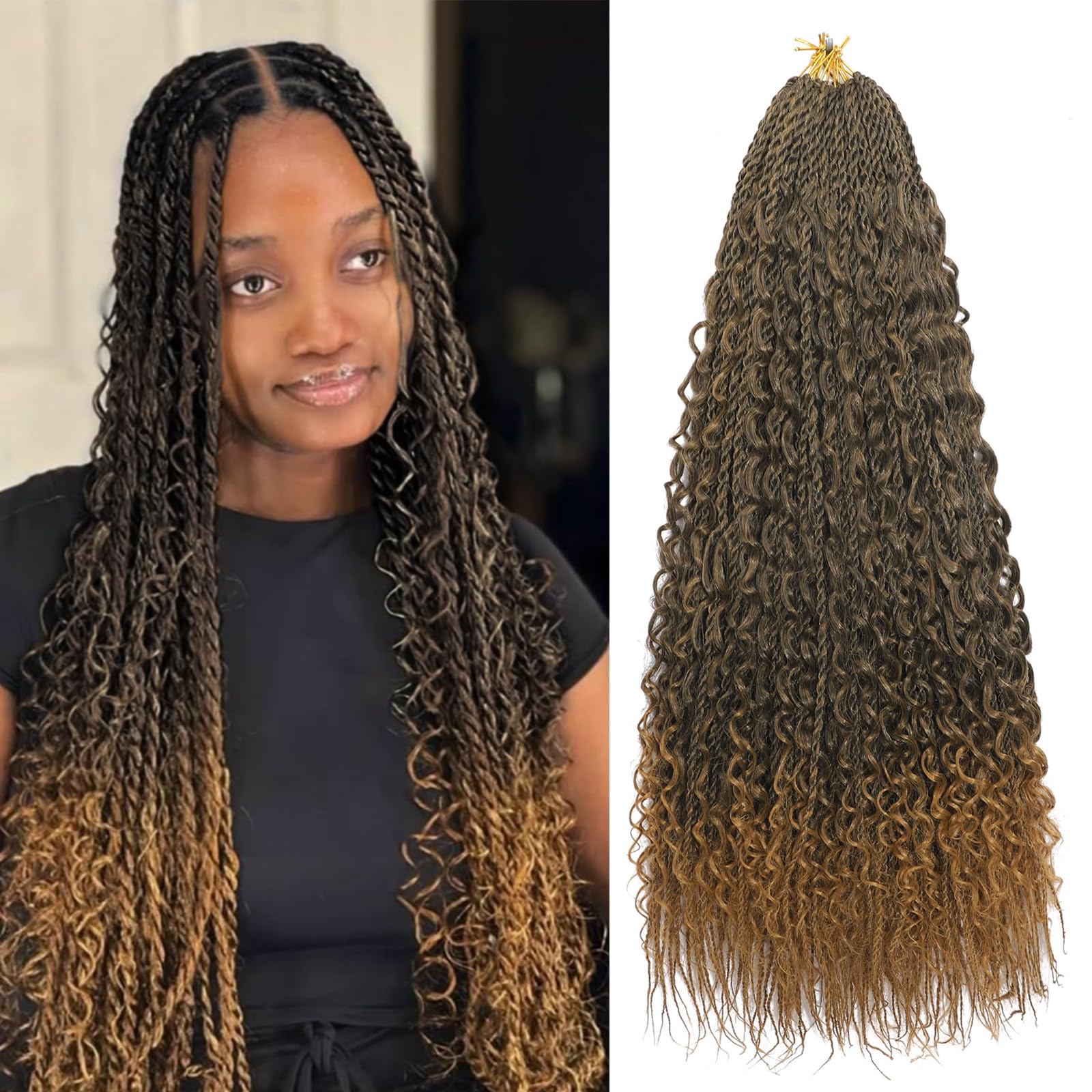 BLTYXT Goddess Boho Box Braids Crochet hair 24 Inch 8 Packs Pre Looped Water Wave Crochet Hair for Women Hair Extension (T27, 24 Inch(8 Packs))