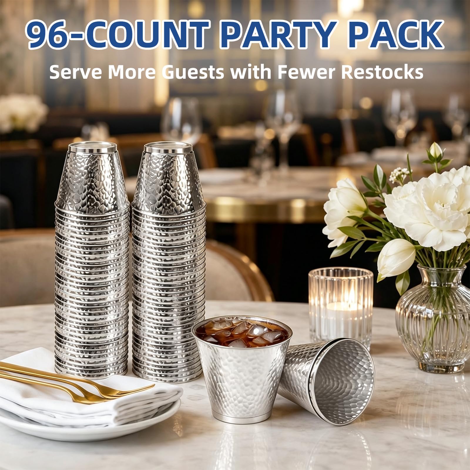 96-Pack Silver Hammered Plastic Party Cups 9oz, BPA-Free Leakproof Disposable Cups, Premium Elegant Drinkware for Weddings Birthdays Holidays Gatherings — Amazon image 5
