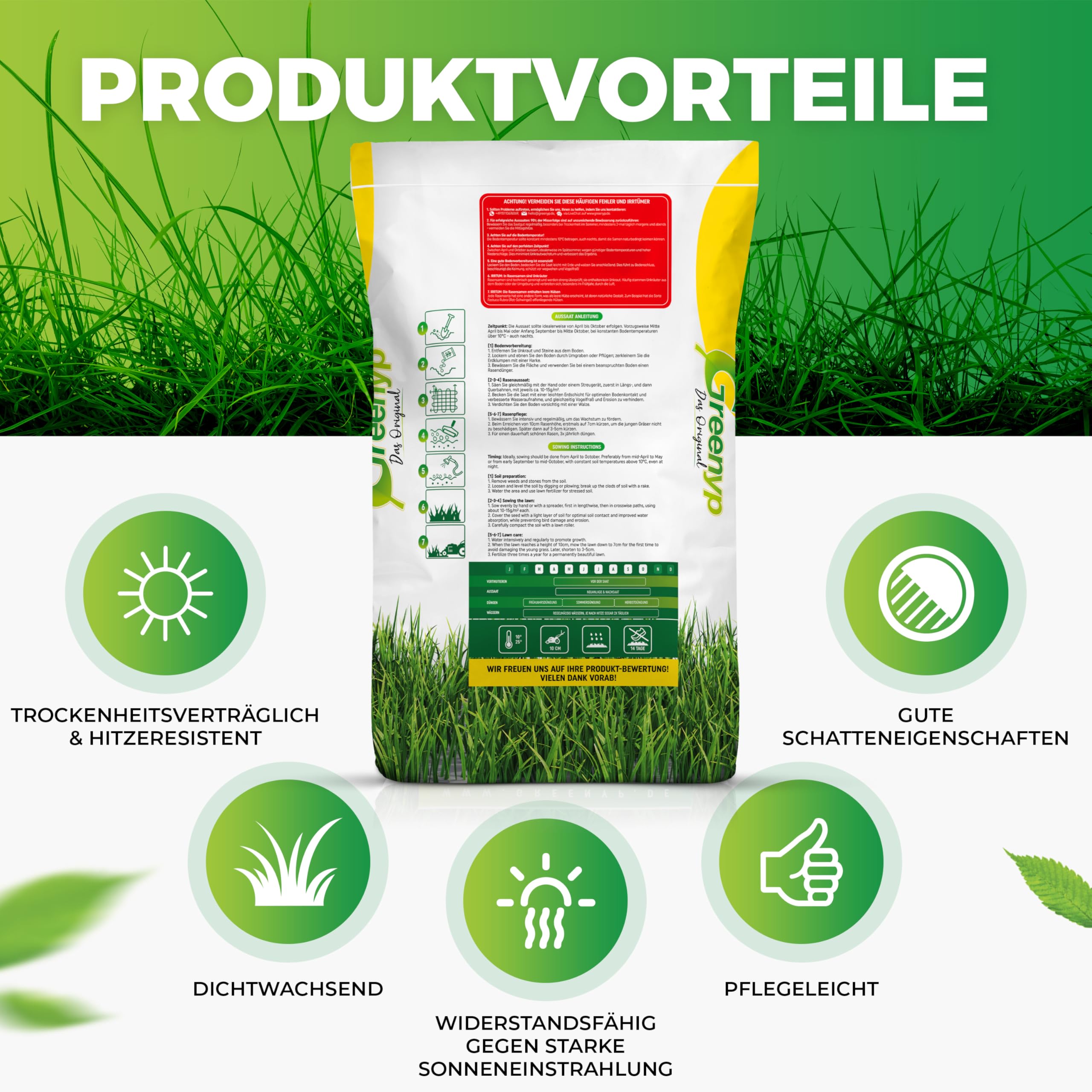 Greenyp Sunny I drreresistenter Trockenrasen I 20kg fr 800m I Grassamen  Rasensamen Rasensaat Gras Nachsaat schnellkeimend [SET] : Amazon.de: Garten